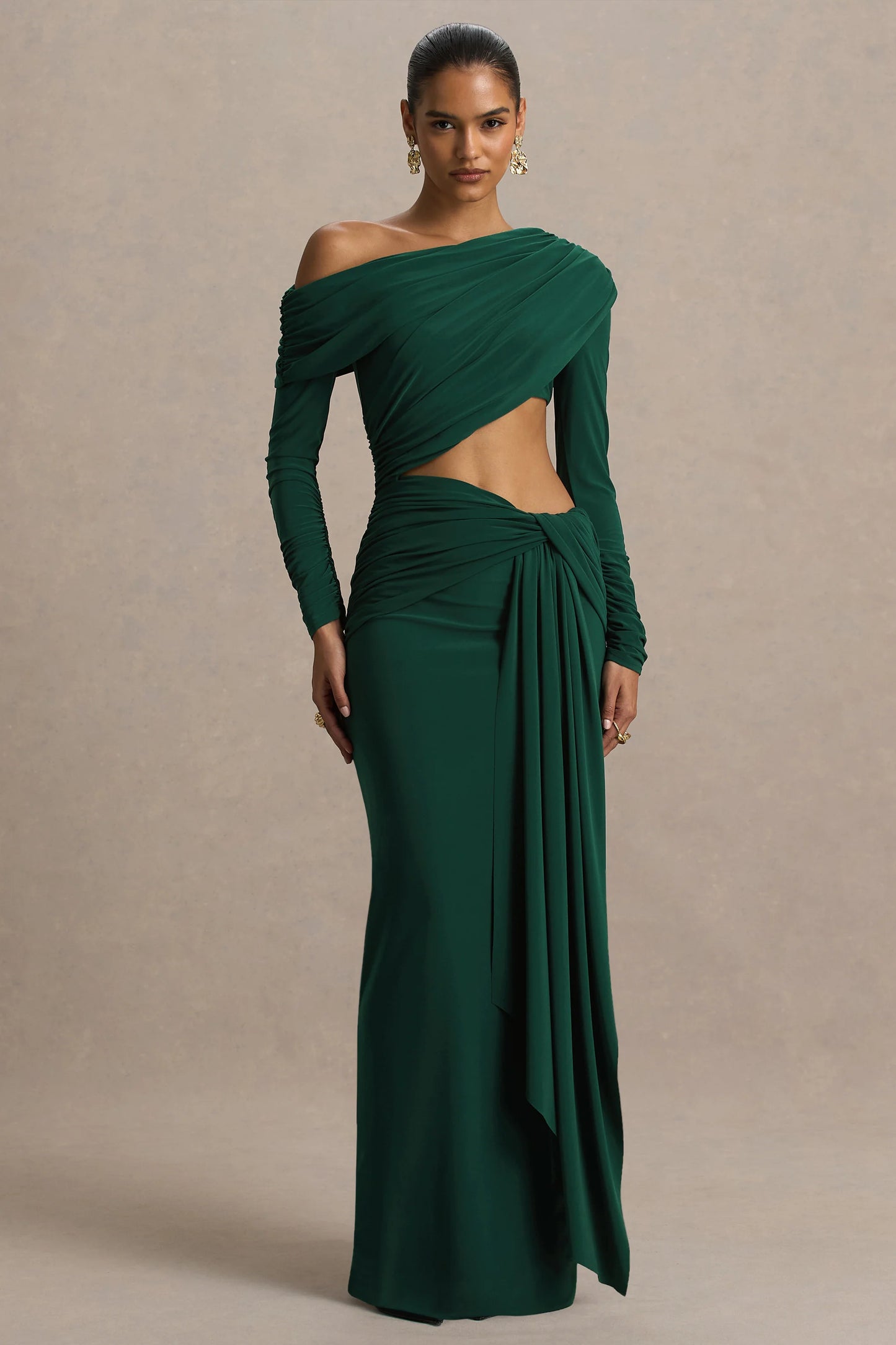 Mikayla Dark Green Asymmetric-Neck Wrap Maxi Dress With Body Cut-Out And Ruched Detailing