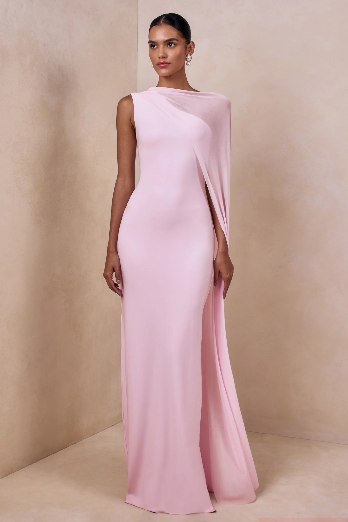 Mirelle Light Pink Boat-Neck Maxi Dress With Cape-Sleeve