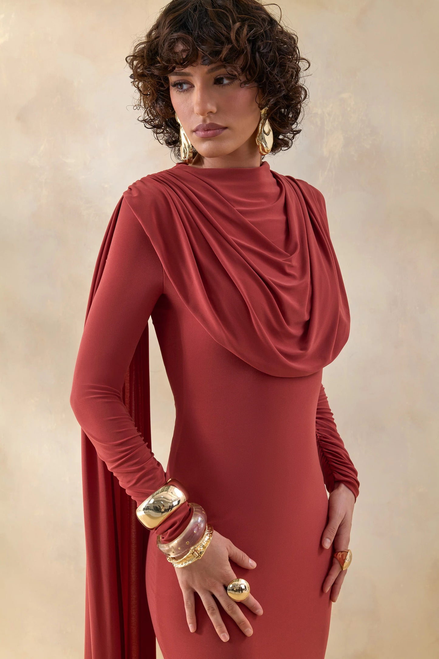 Lysoria Rust High-Neck Maxi Dress With Draped-Detailing And Cape-Sleeves