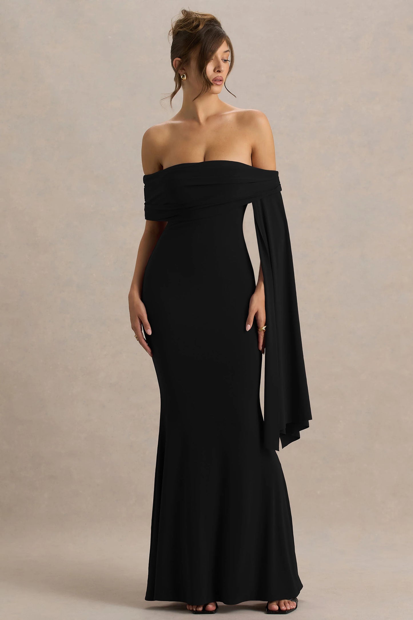 Saffina Black Bardot-Neck Maxi Dress With Sash Detail