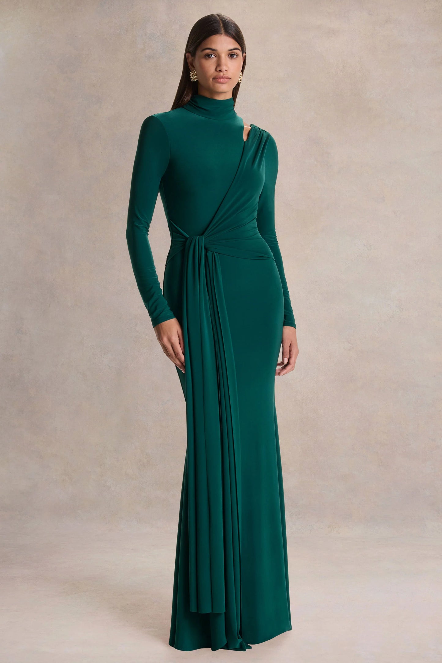 Alastrina Dark Green High-Neck Maxi Dress With Gathered-Detailing