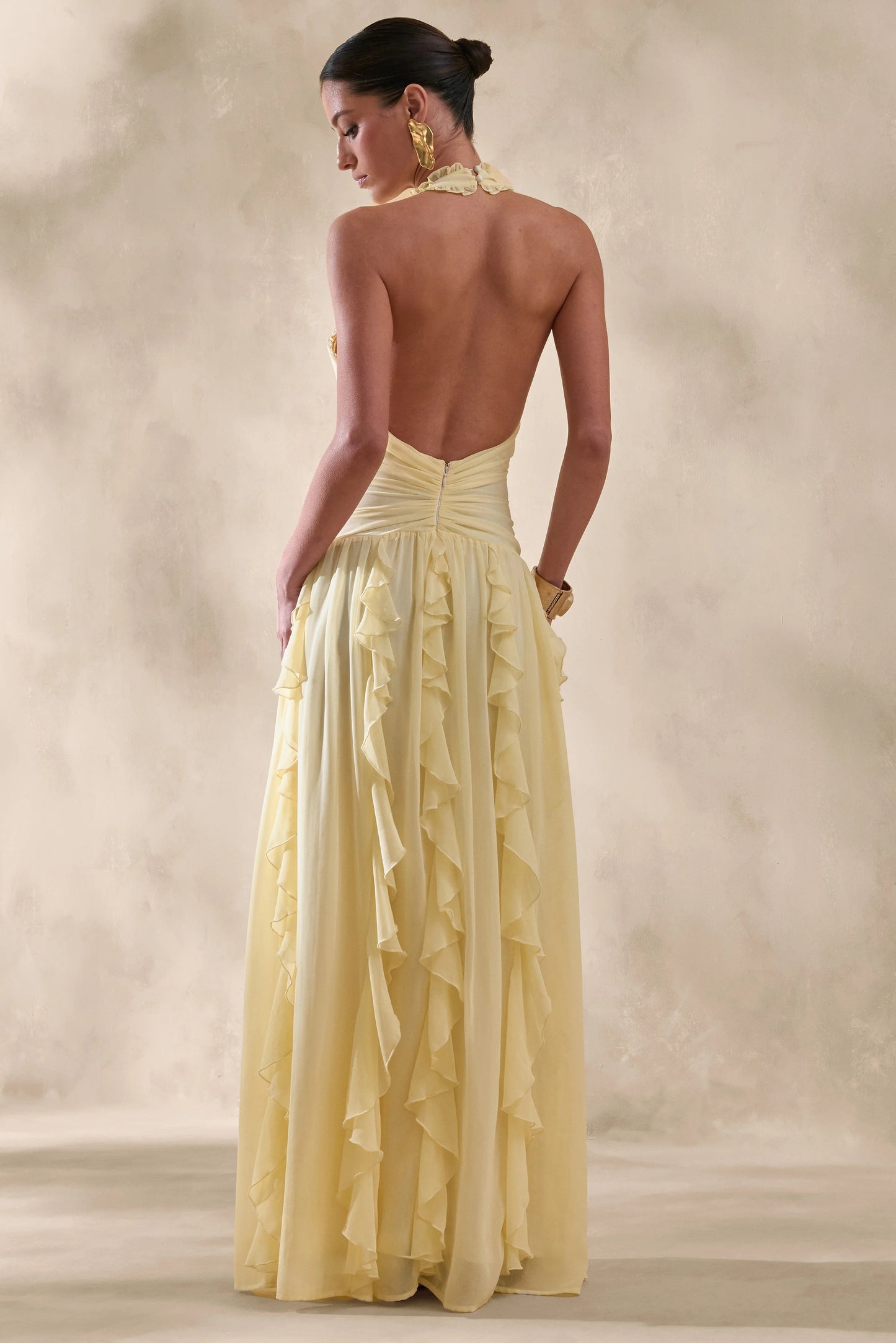 Bea Lemon Plunge-Neck Ruffled Maxi Dress
