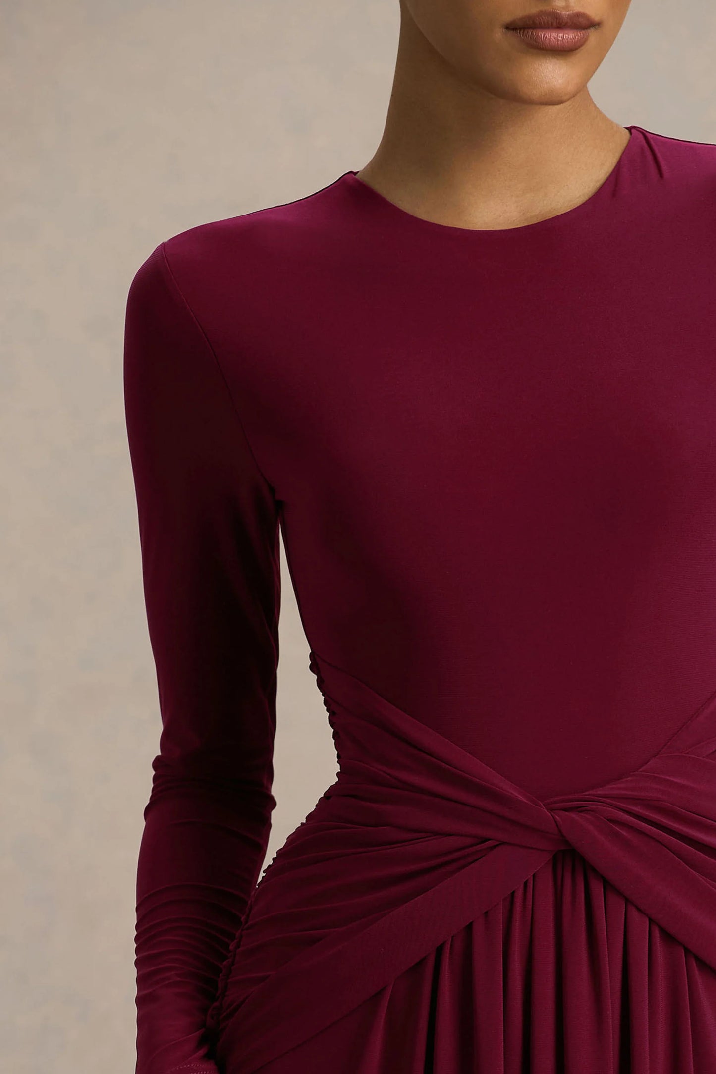 Estrella Berry High-Neck Maxi Dress With Ruched Detailing