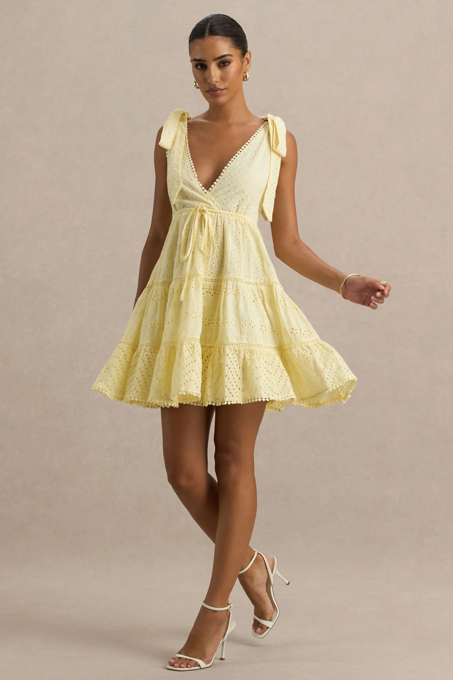 Corrina Lemon Broderie Plunge-Neck Mini Dress