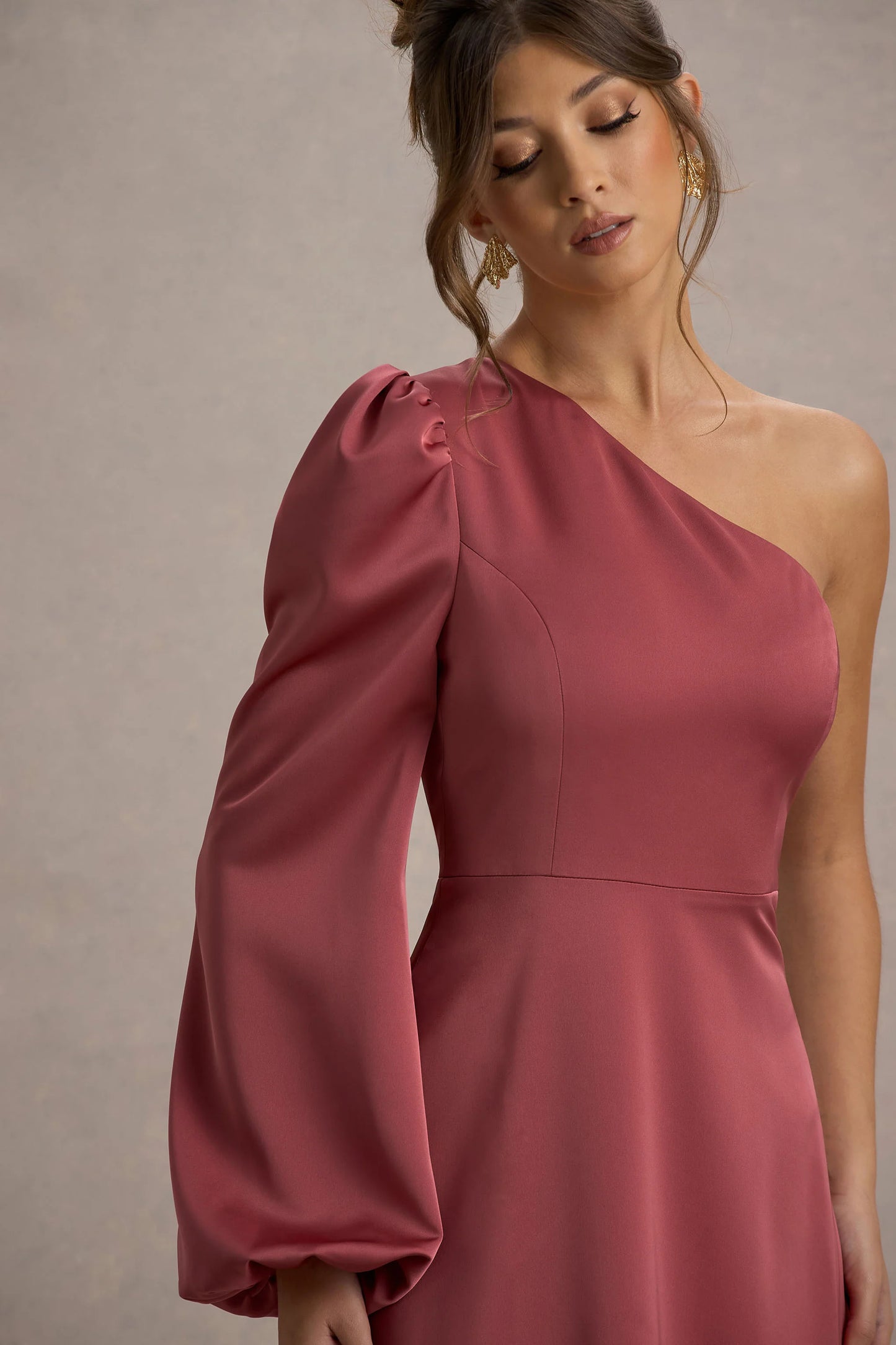 Haila Rose Pink Satin One-Shoulder Midi Dress