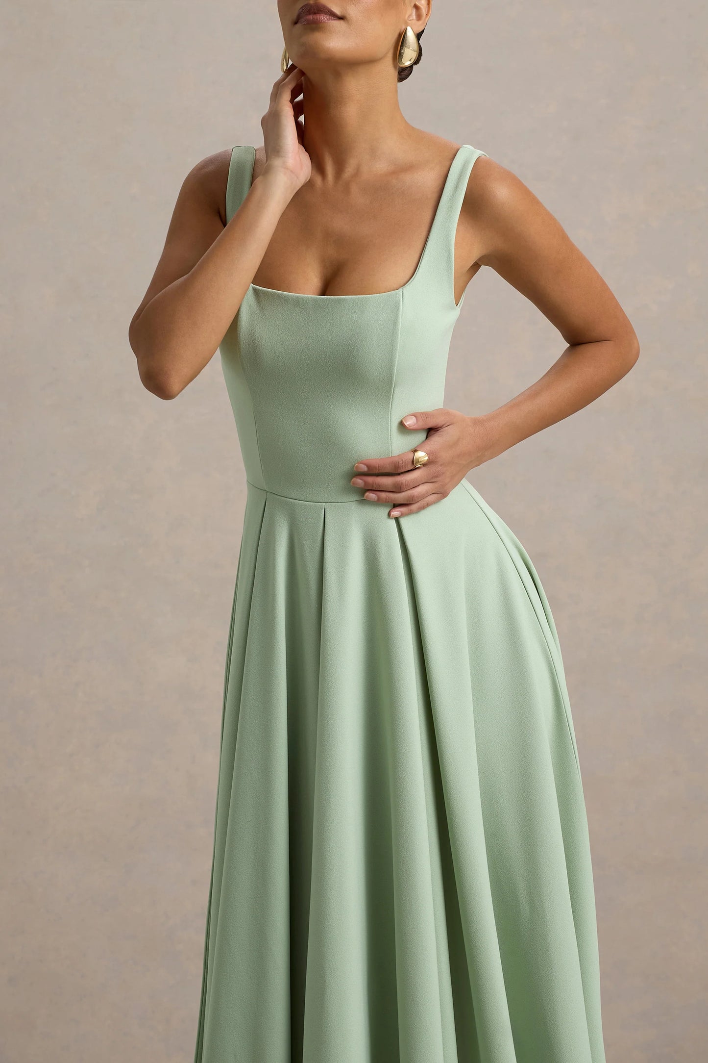 Parina Light Green Strappy Volume-Hem Midi Dress