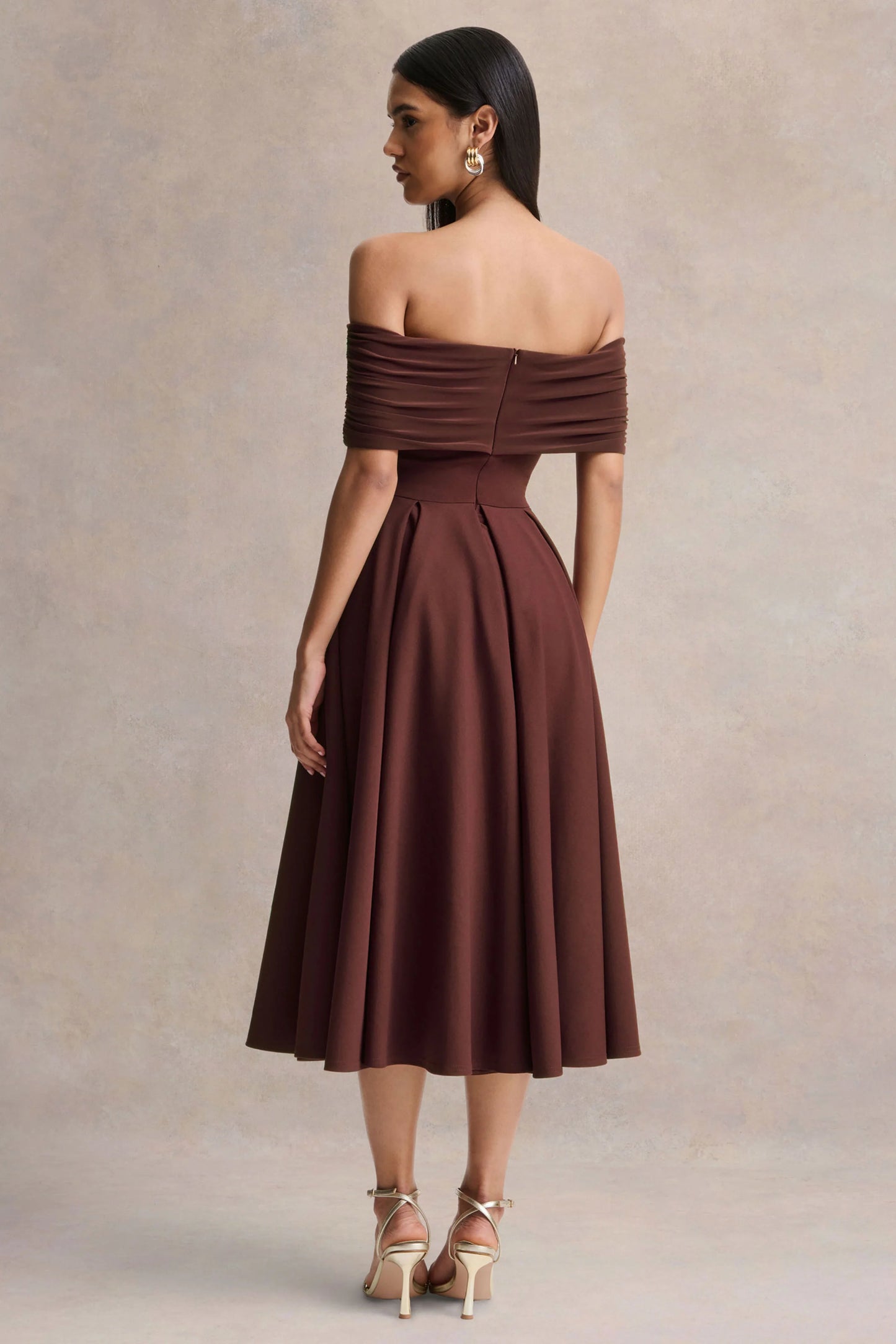 Dearest Brown Bardot-Neck Midi Dress