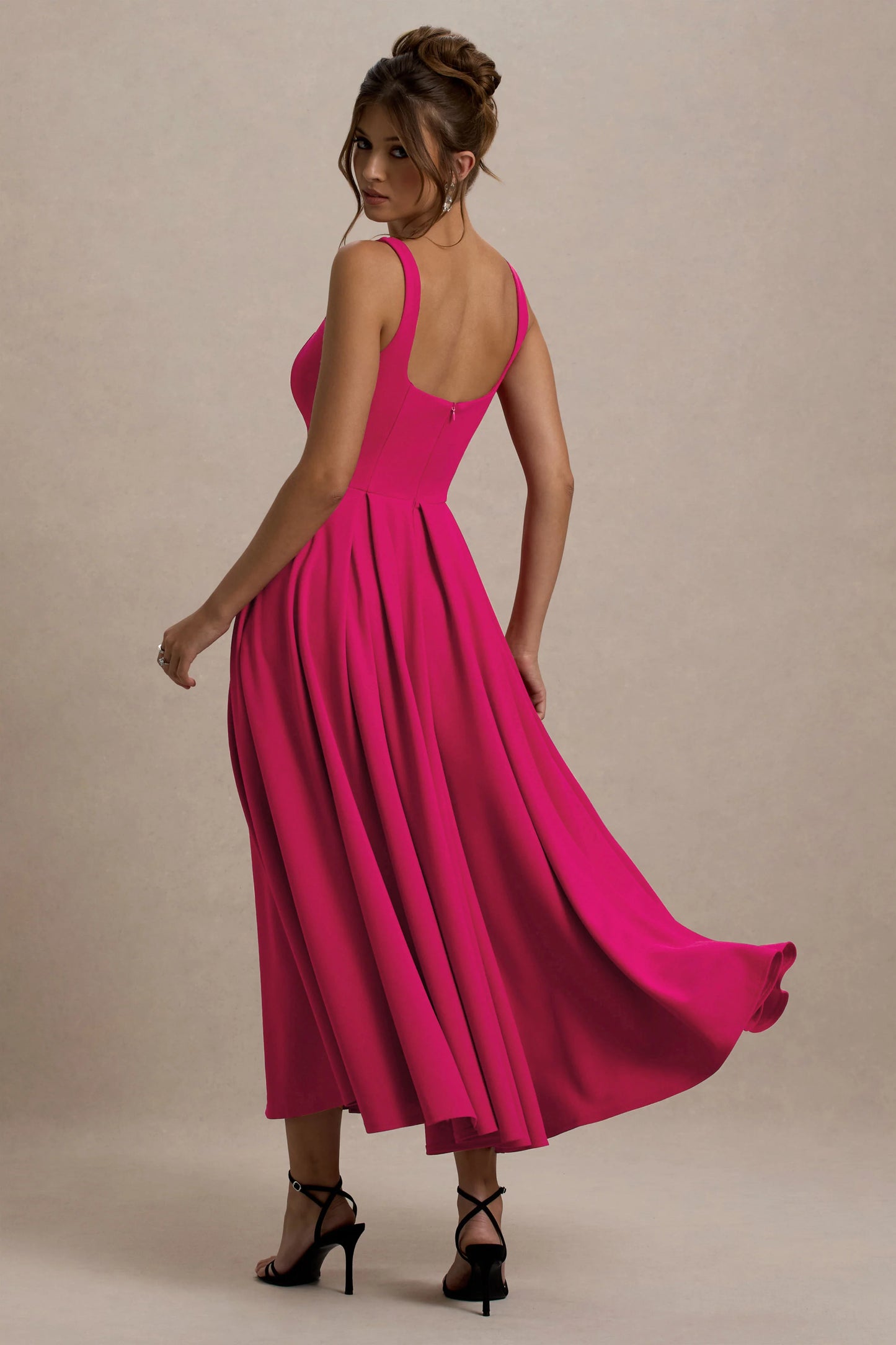 Parina Hot Pink Strappy Volume-Hem Midi Dress
