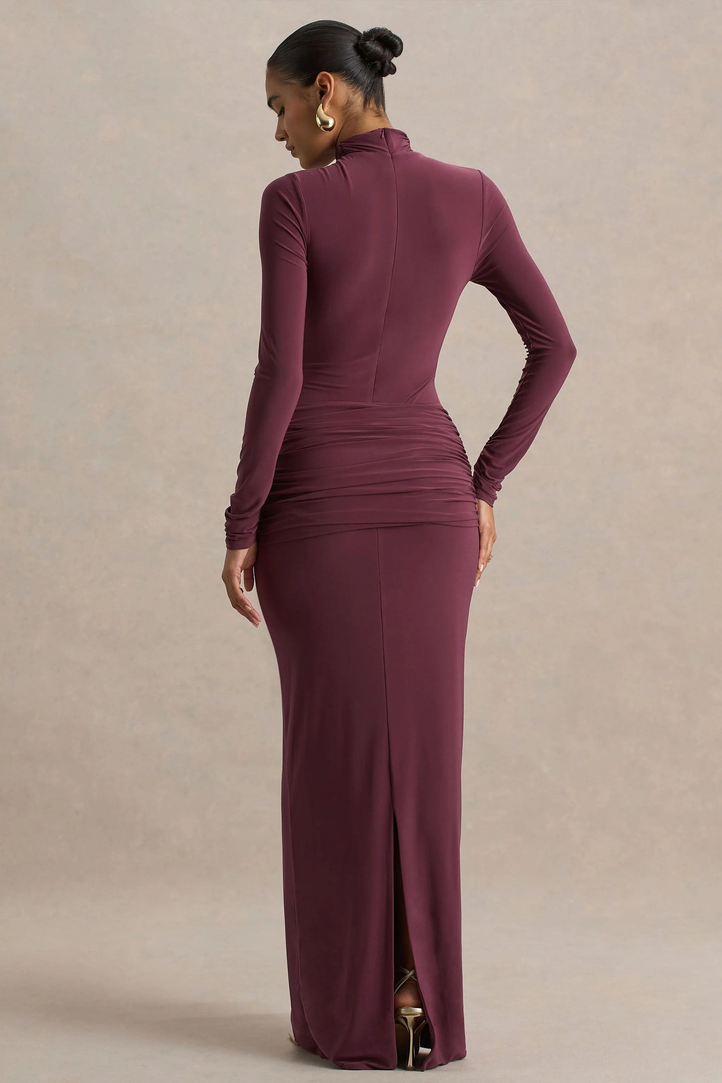 Myra Burgundy High-Neck Maxi Dress With Sash and Ruched Detailing