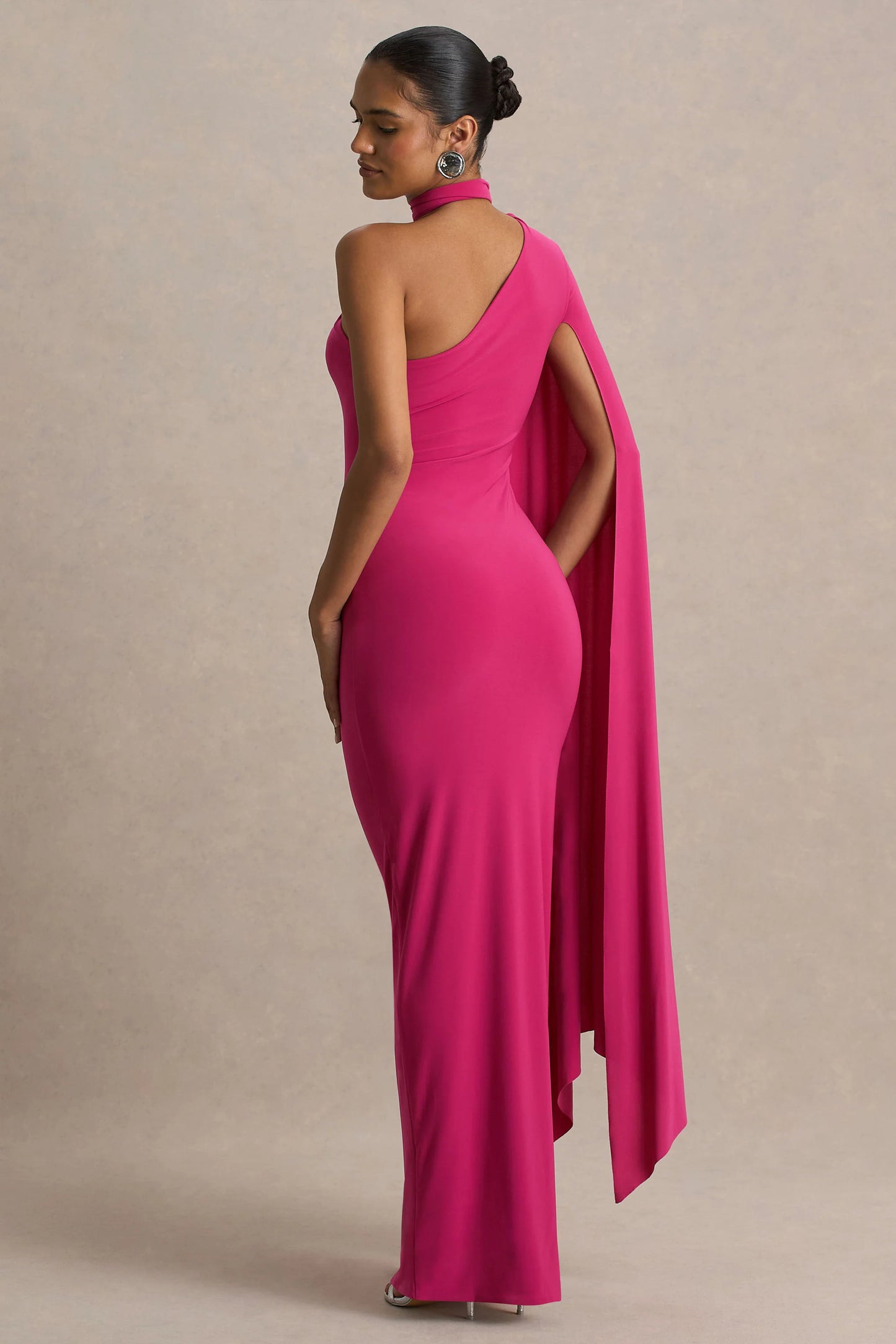 Amal Hot Pink Asymmetric-Neck Maxi Dress With Scarf and Cape Detail