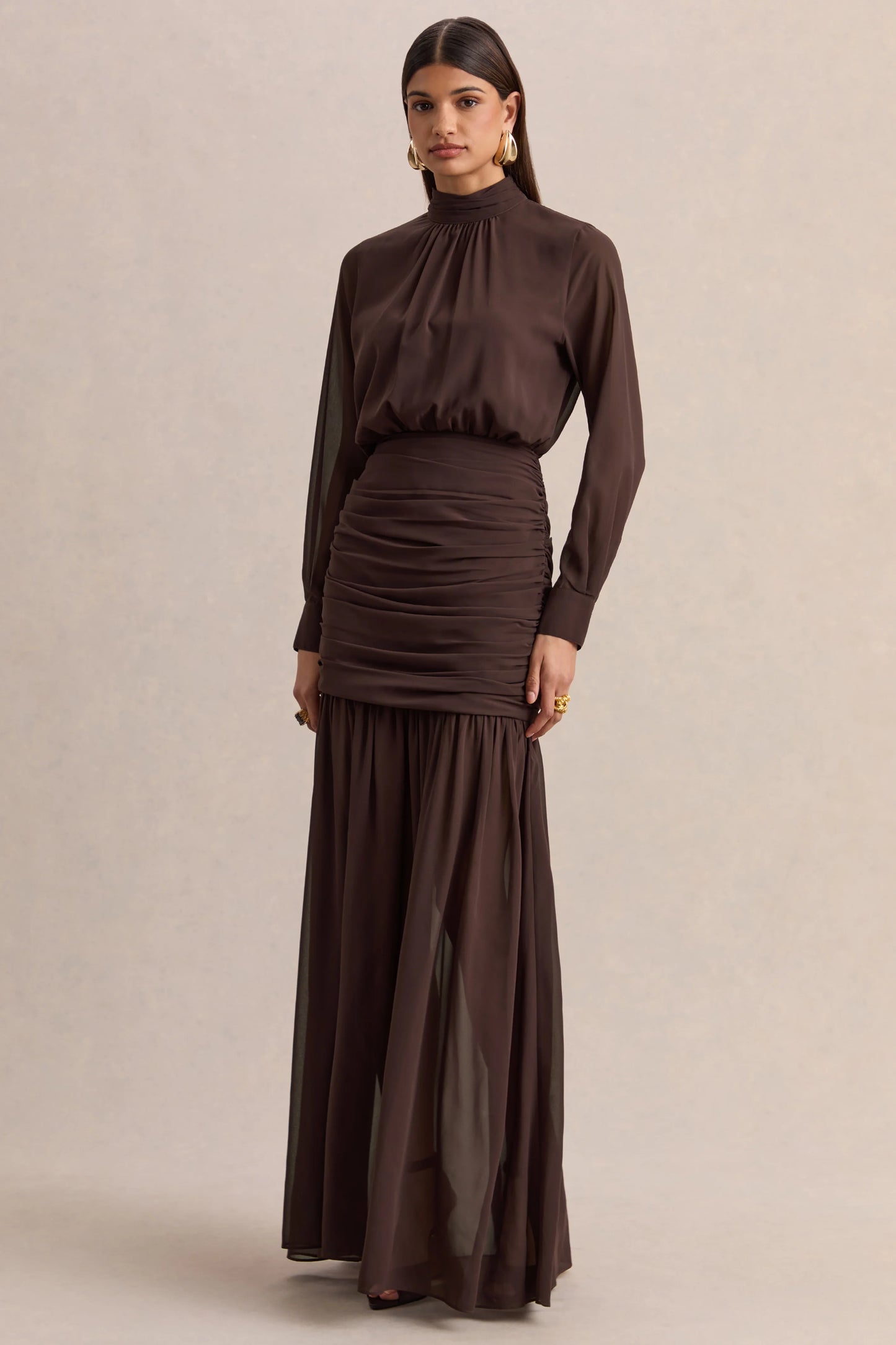Zella Brown High-Neck Maxi Dress With Sheer-Skirt