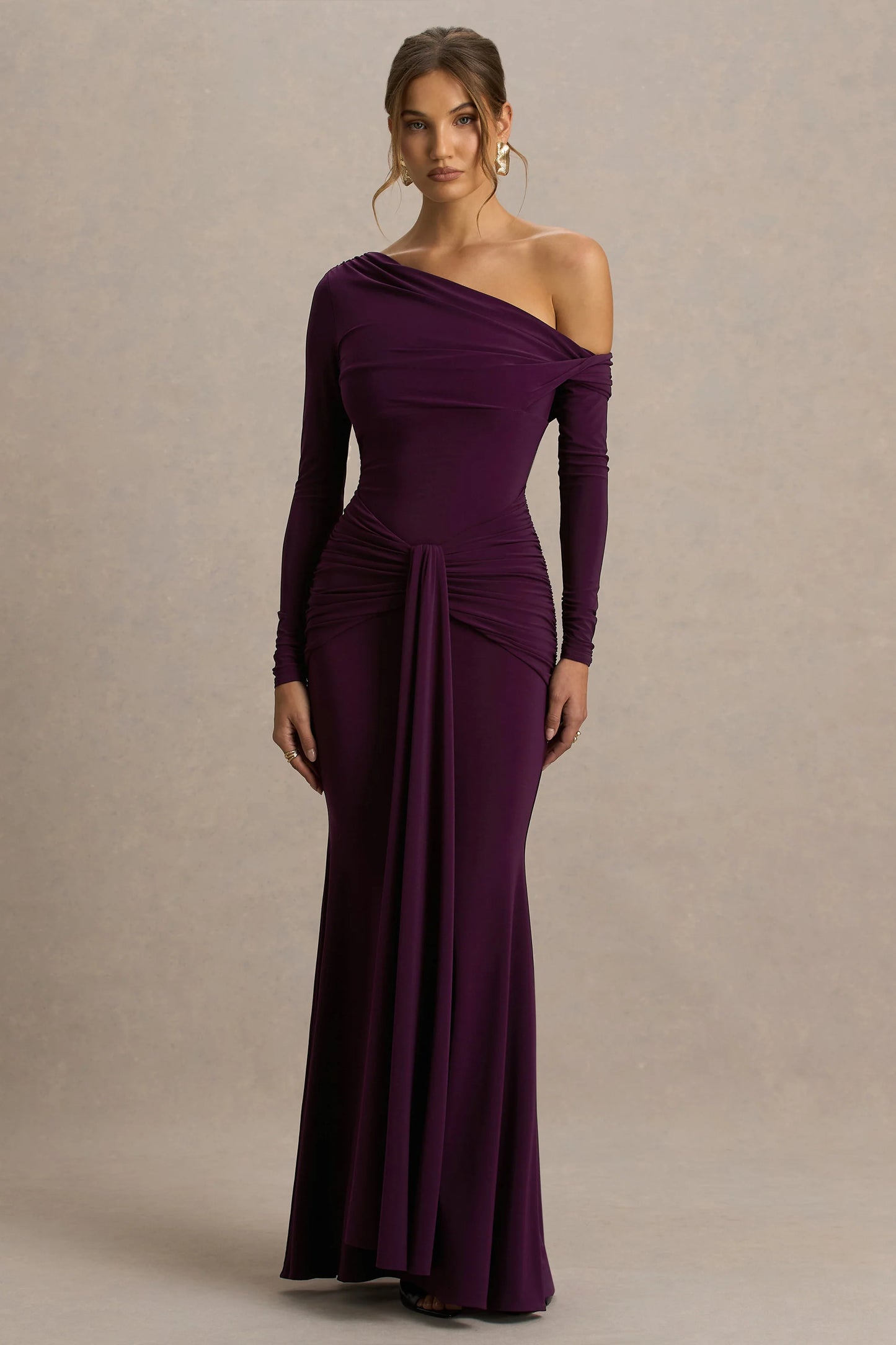 Clover Burgundy Asymmetric-Neck Wrapped Maxi Dress With Sash