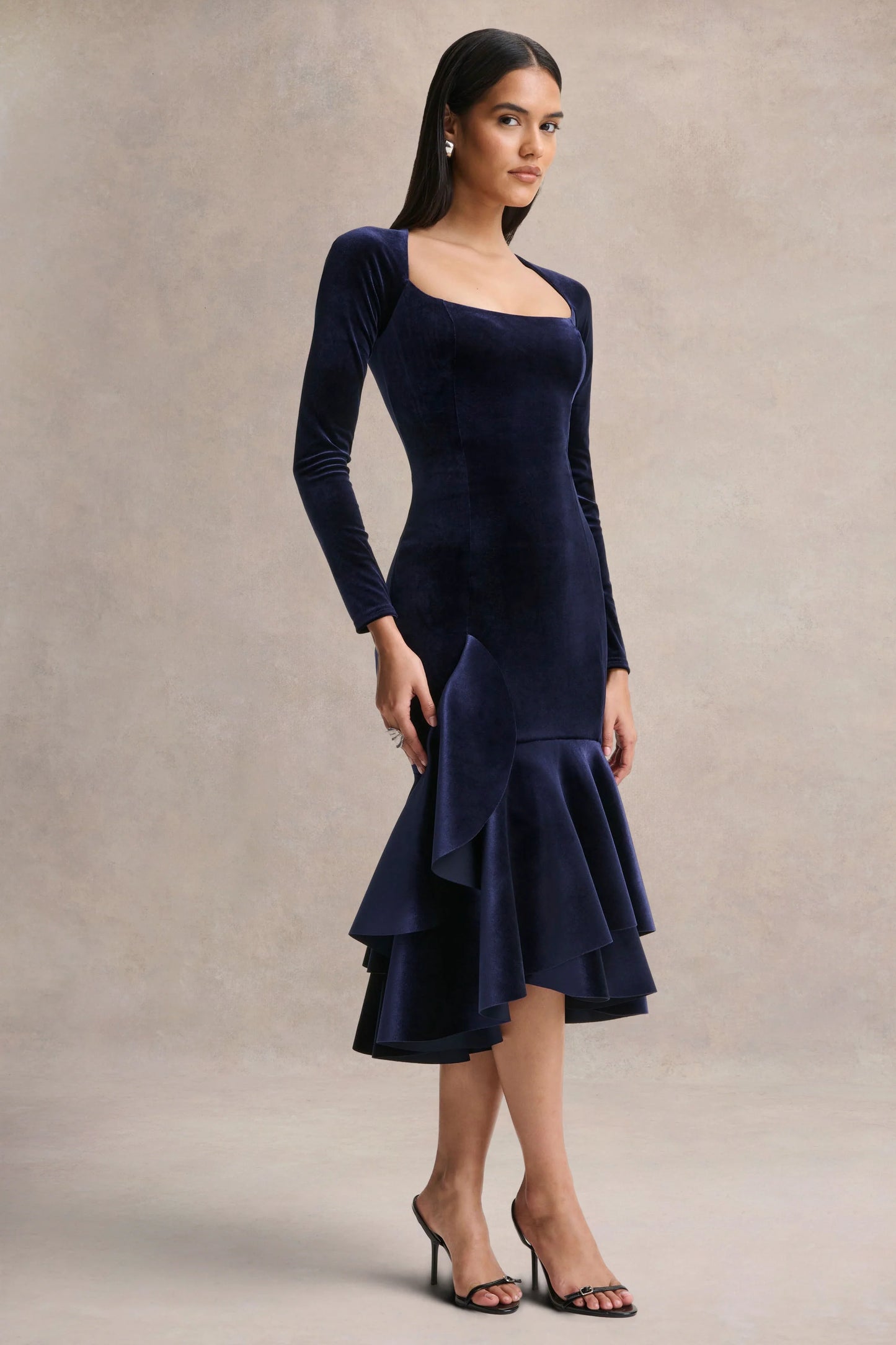 Emberlyn Navy Velvet Scoop-Neck Fishtail Midi Dress