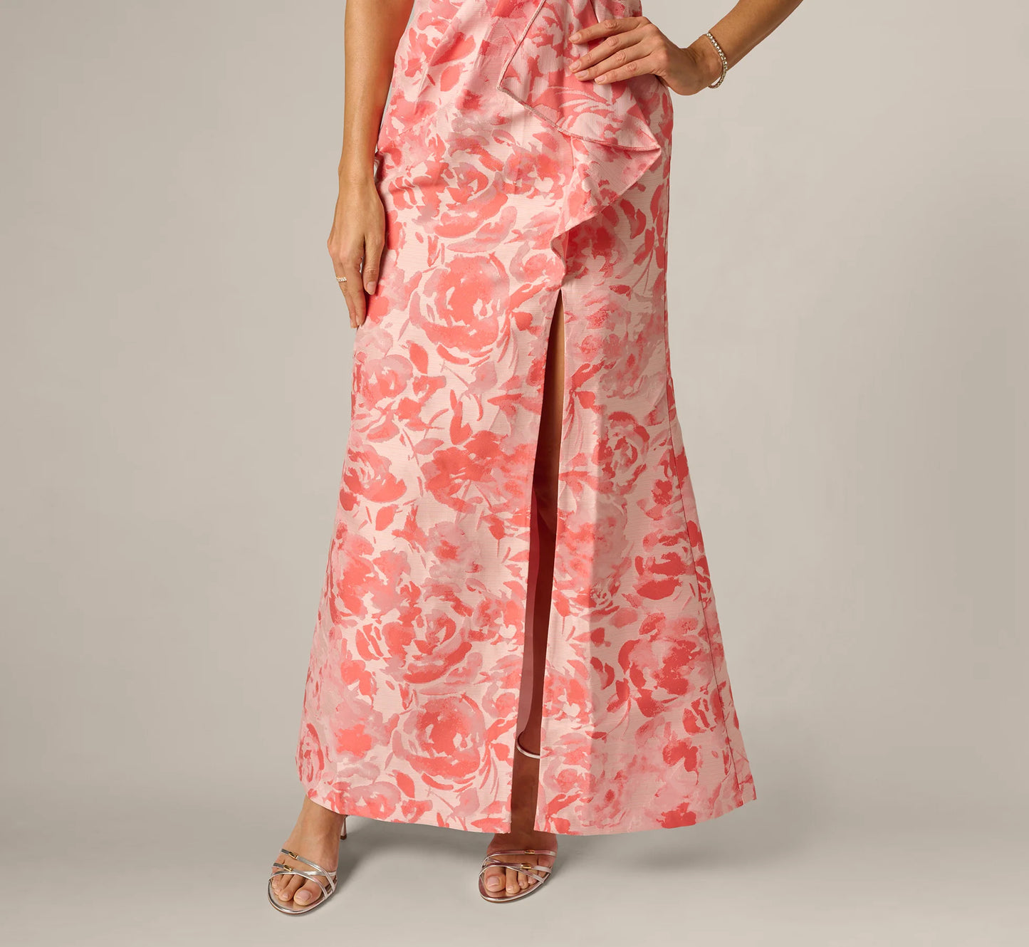 One Shoulder Floral Jacquard Draped Gown In Coral Multi
