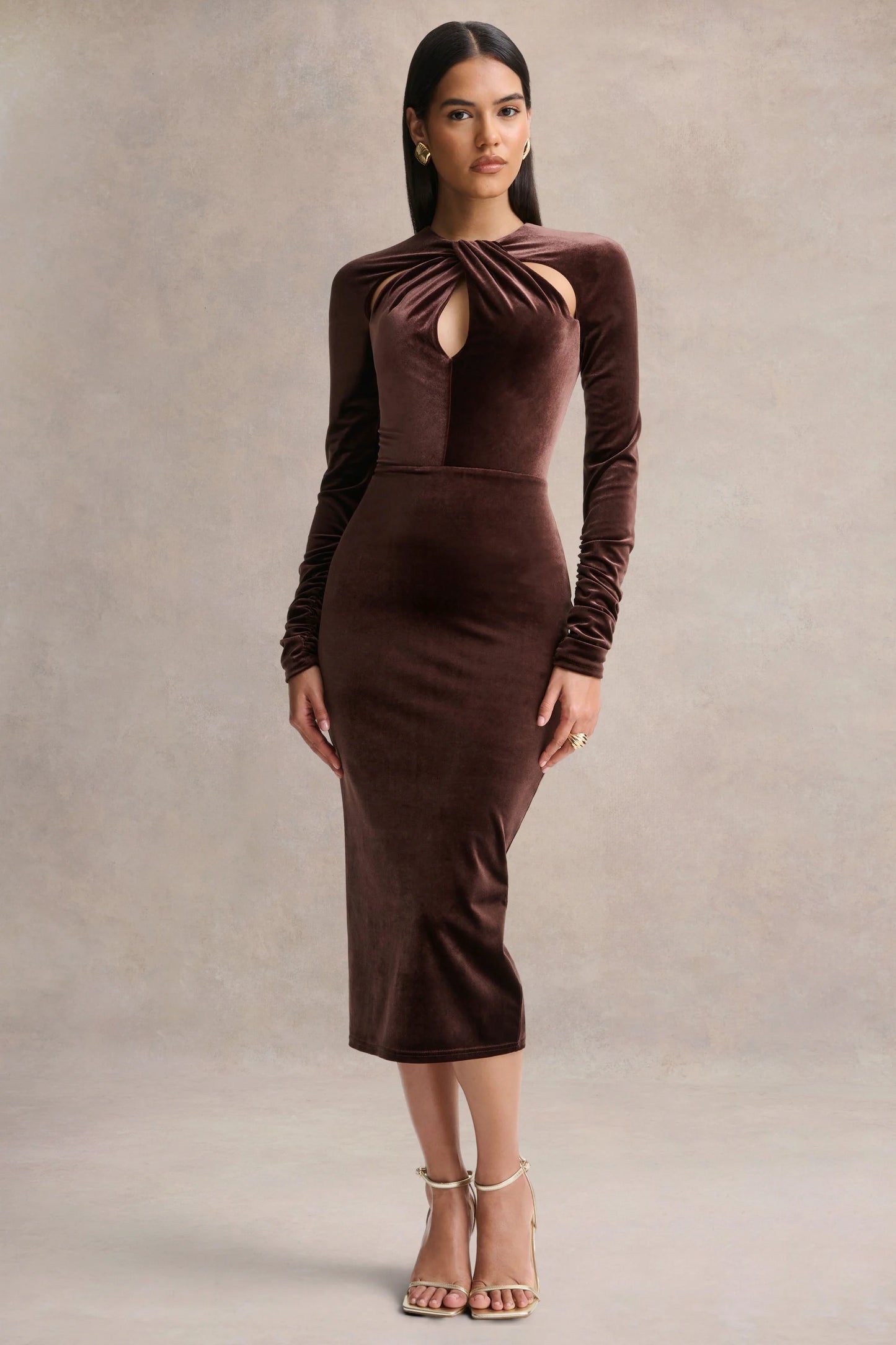 Francine Brown Velvet Round-Neck Midi Dress With Cut-Out Details