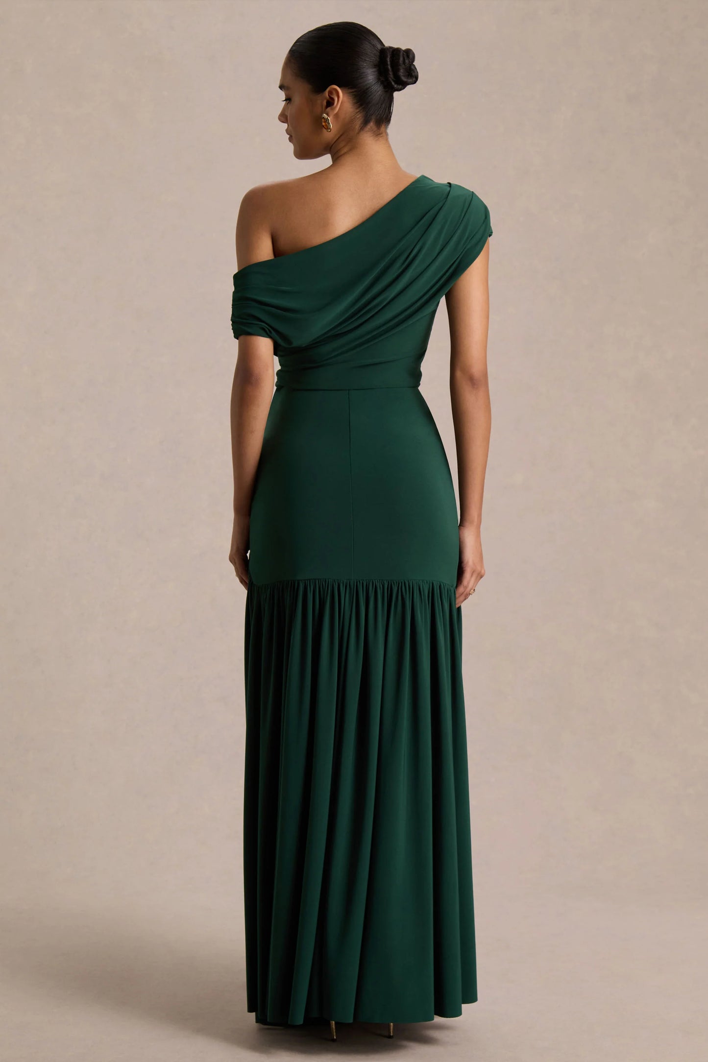 Kady Dark Green Asymmetric-Neck Maxi Dress With Ruched Detailing