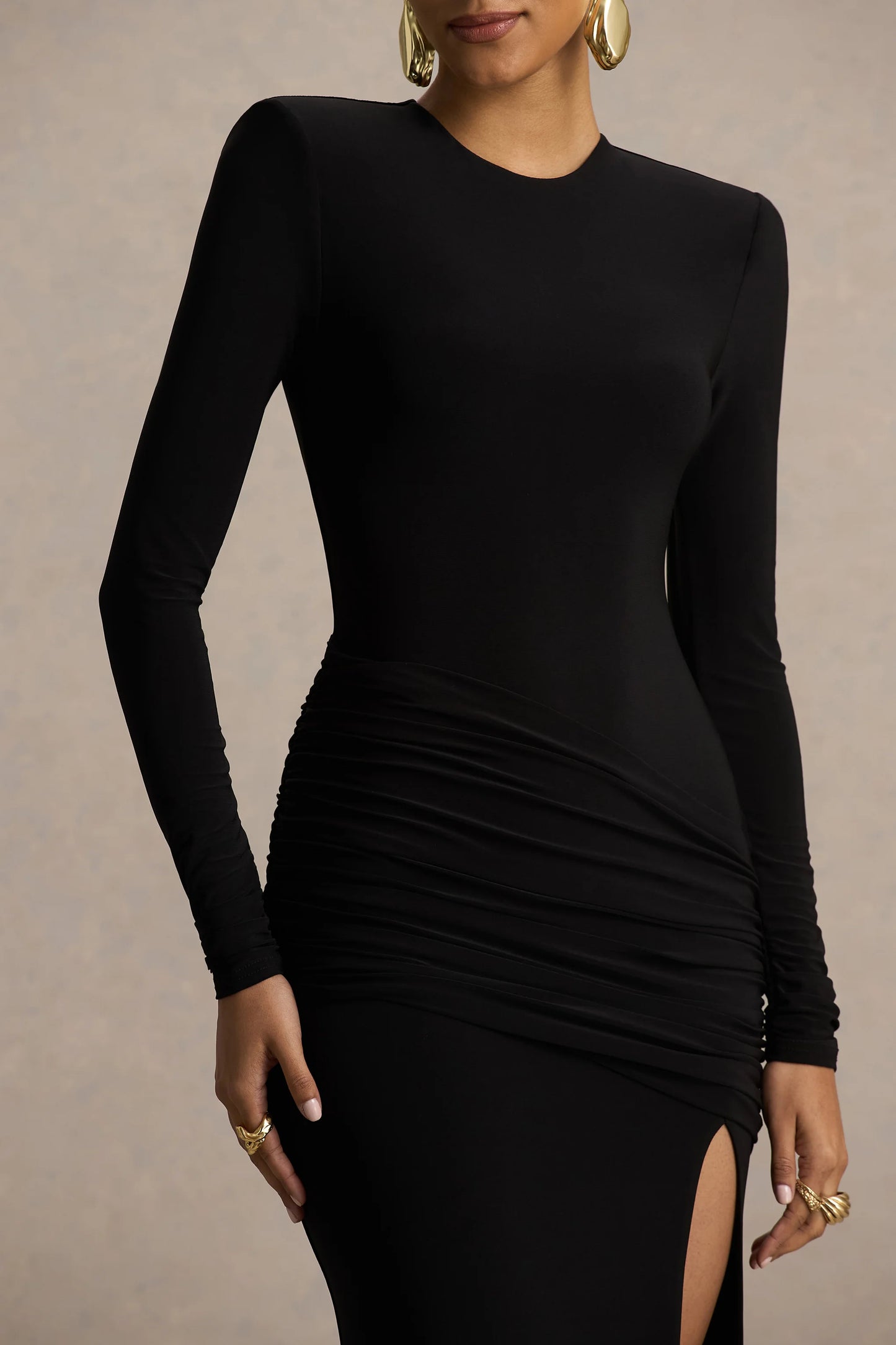 Liora Black Crew-Neck Maxi Dress With Front-High Split