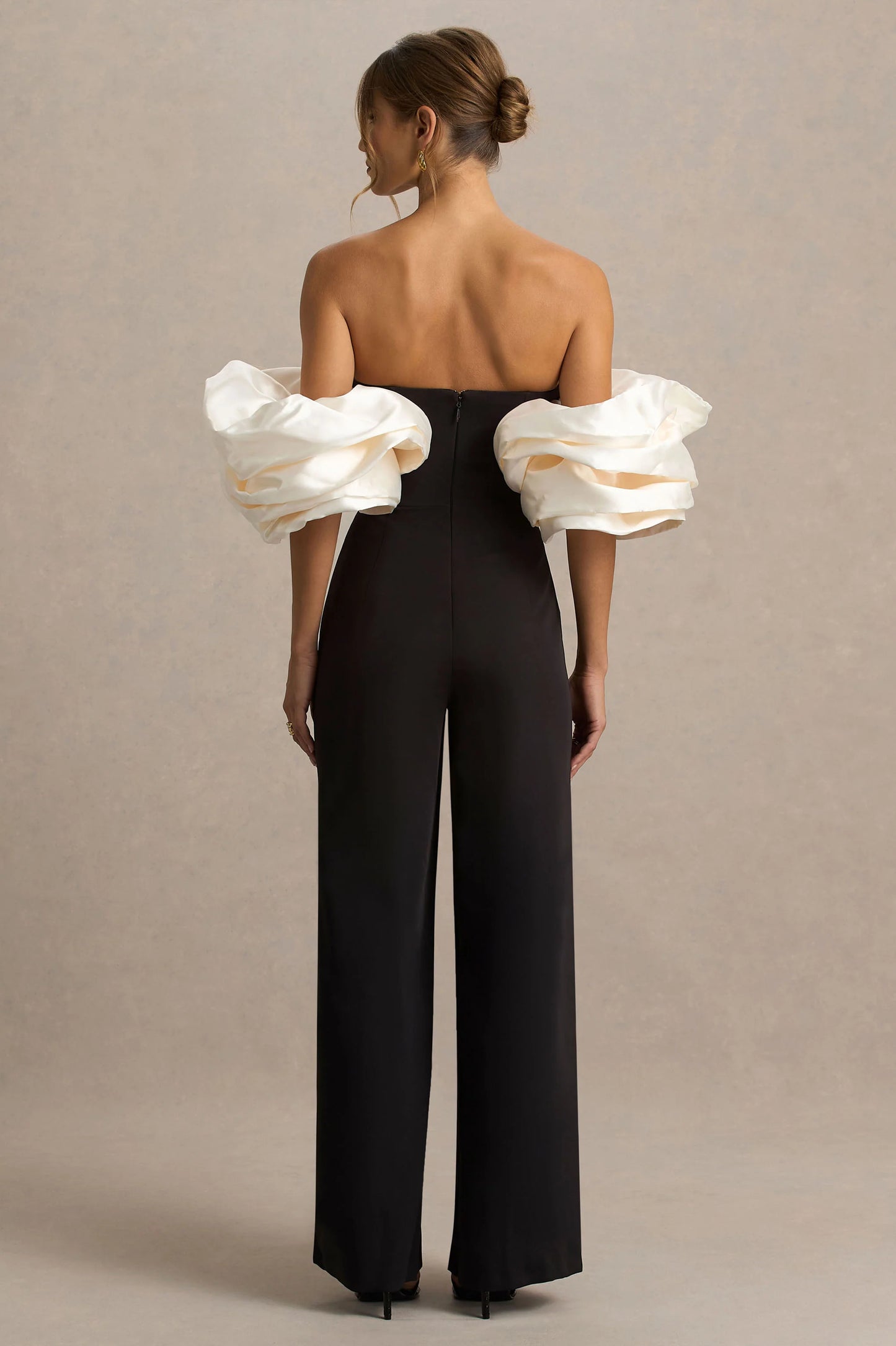 Panama Black Bardot Jumpsuit With Cream Puff Sleeves