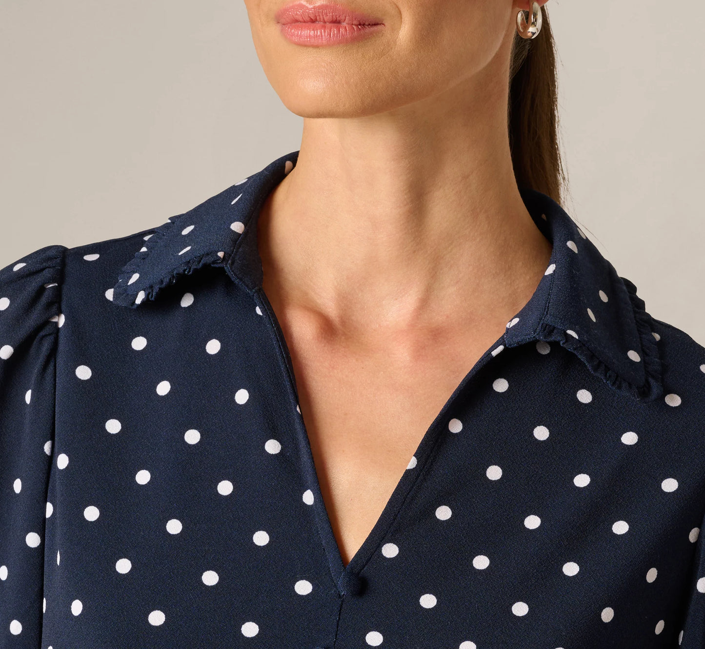 Puff Sleeve Ruffle Collared Top In Navy Ivory Timeless Dot