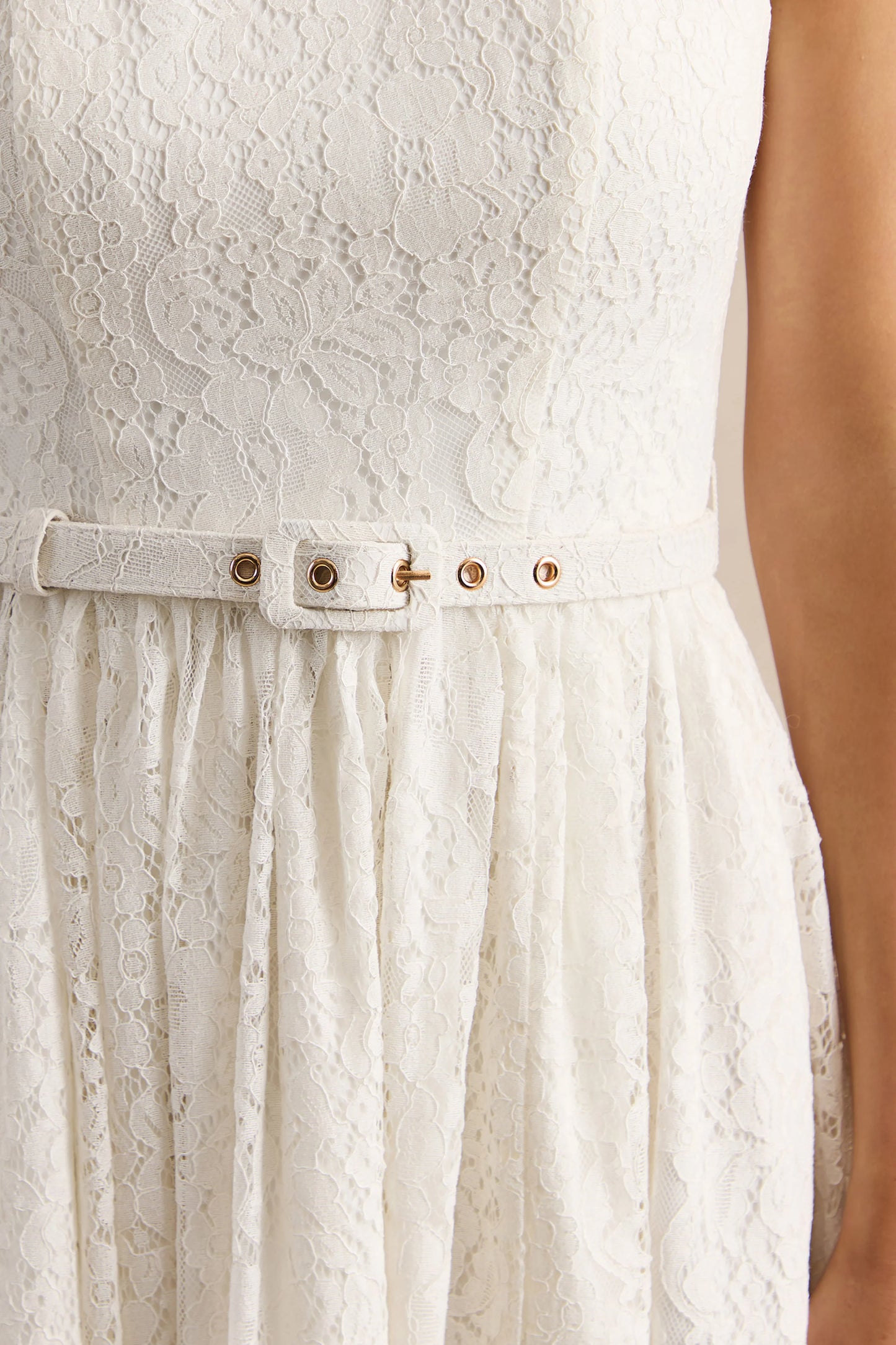 Anabella White Lace Crew-Neck Belted Midi-Dress