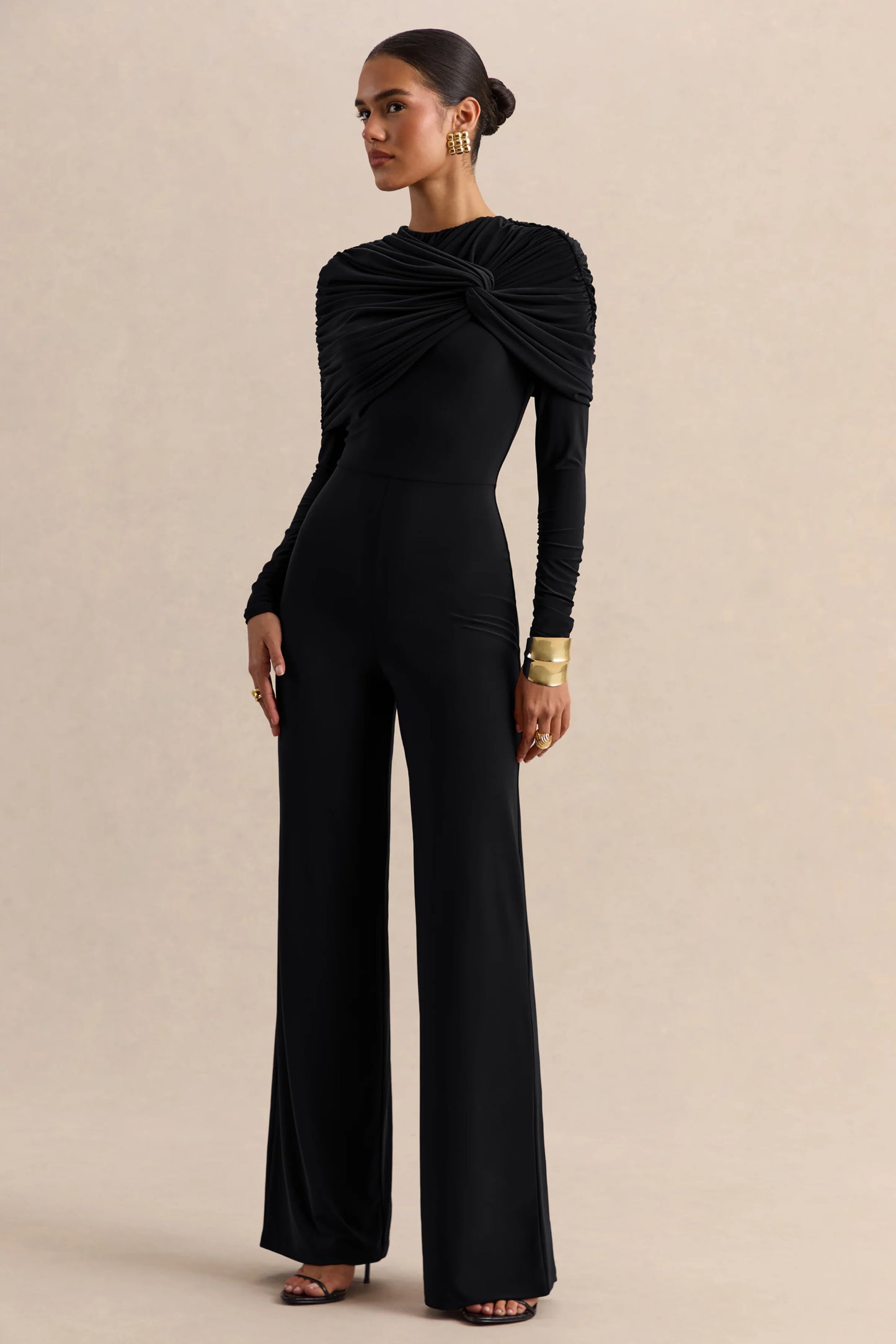 Eloura Black High-Neck Jumpsuit With Twist-Gathered Detail