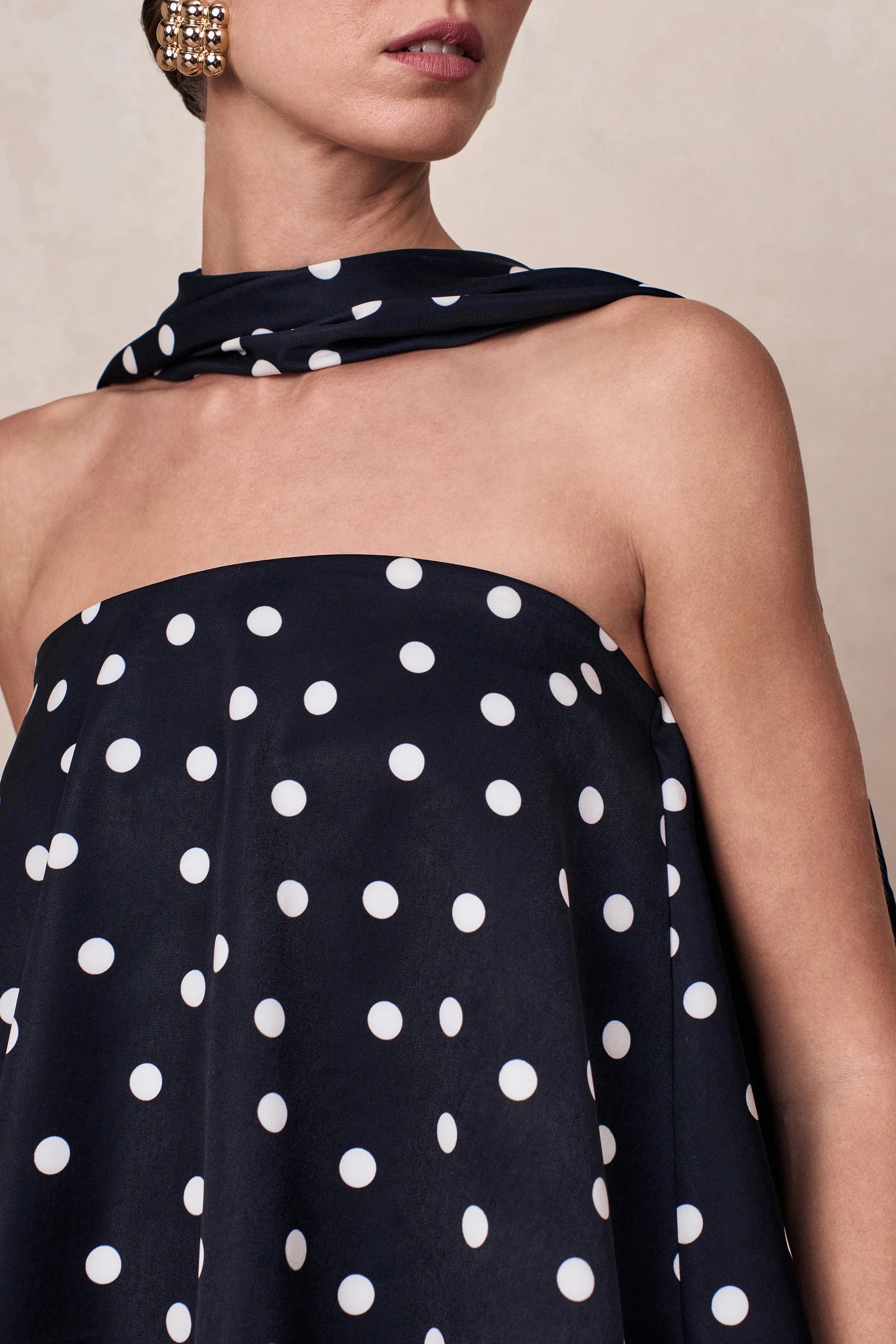 Evandra Black & White Satin Polka Dot Bandeau Top With Scarf