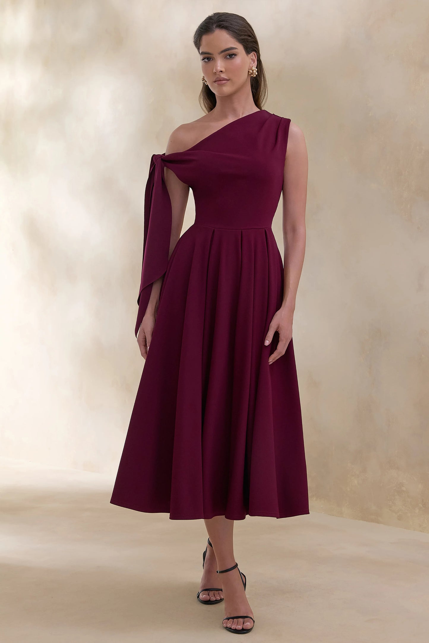 Daring Burgundy Asymmetric-Neck Midi Dress With Knot-Detail