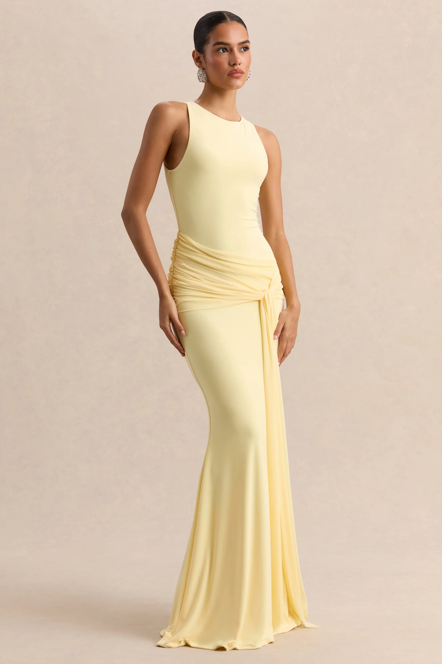 Mirene Lemon Round-Neck Maxi-Dress With Gathered-Detailing And Sash