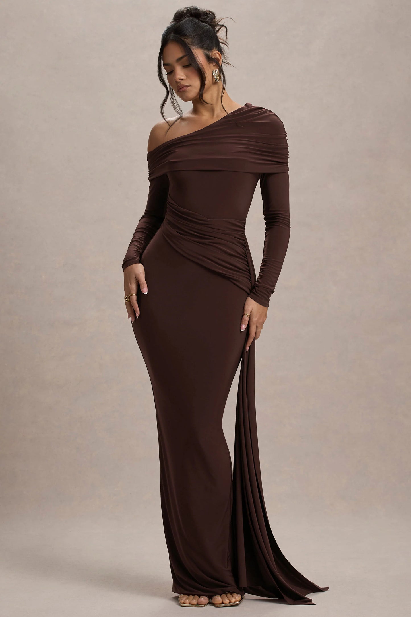 Valina Brown Ruched Asymmetric Maxi Dress With Drape