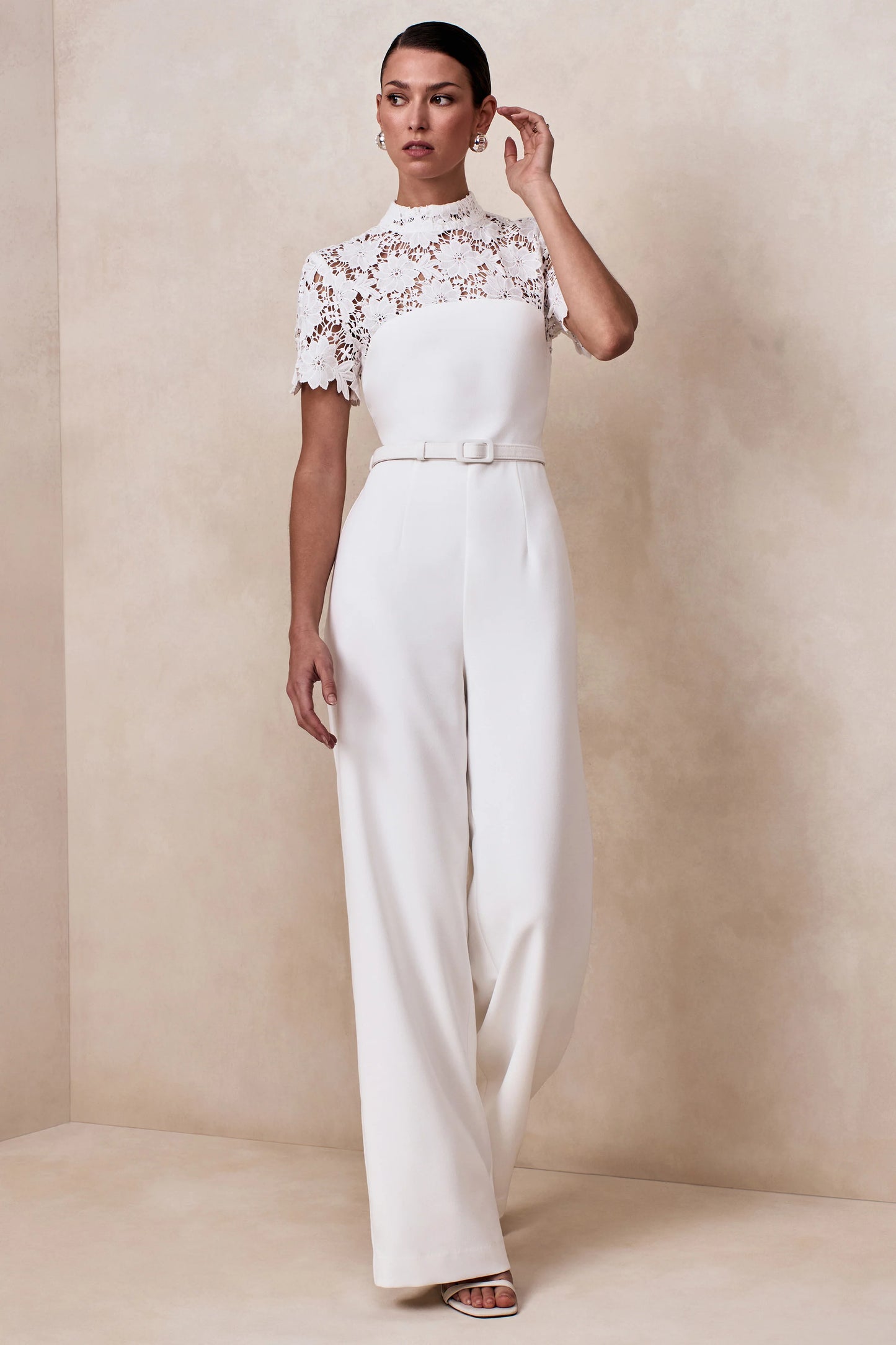 Liliana White High-Neck Jumpsuit With Lace Detailing