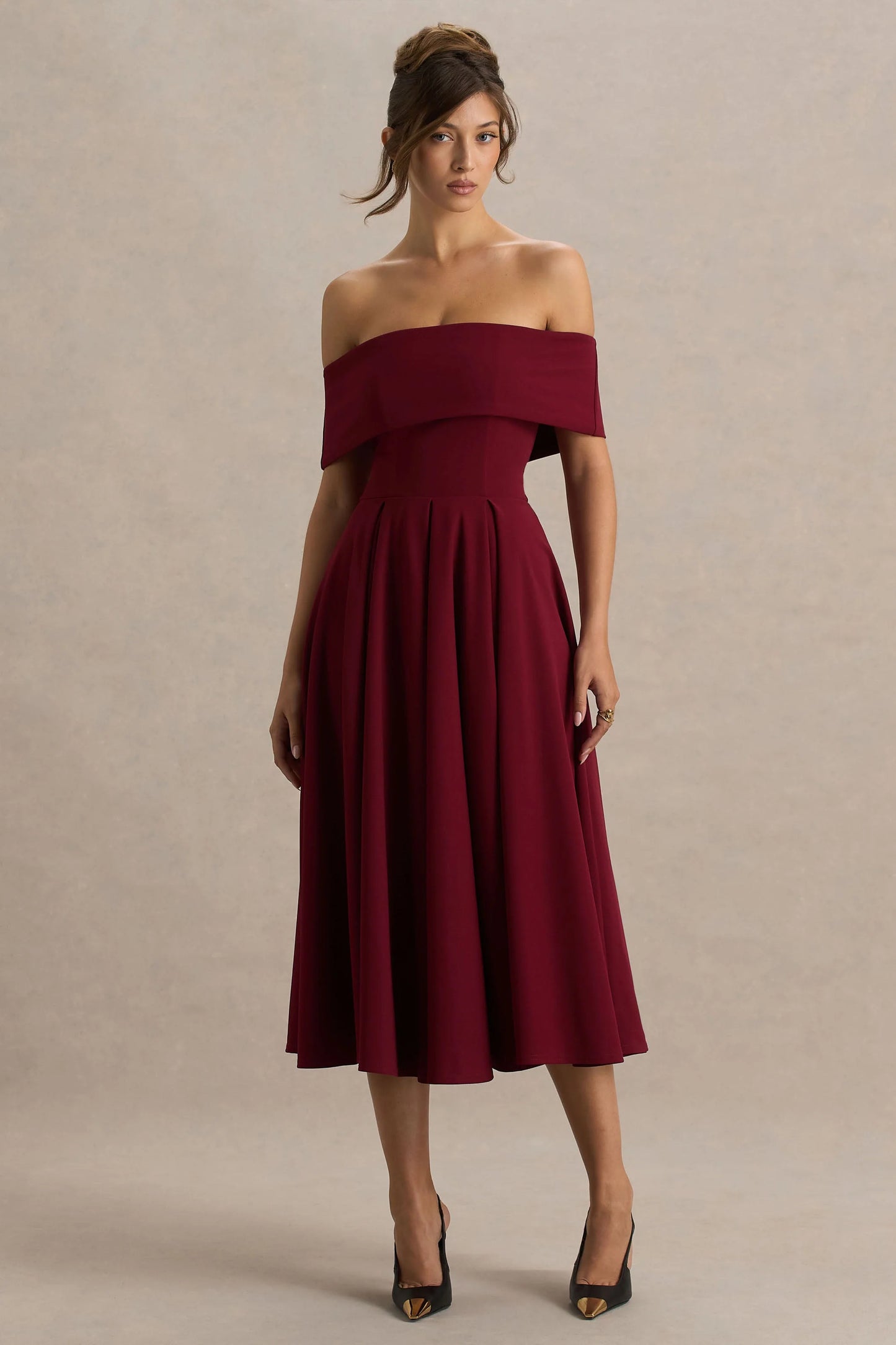 Isabella Burgundy Bardot-Neck Midi Dress