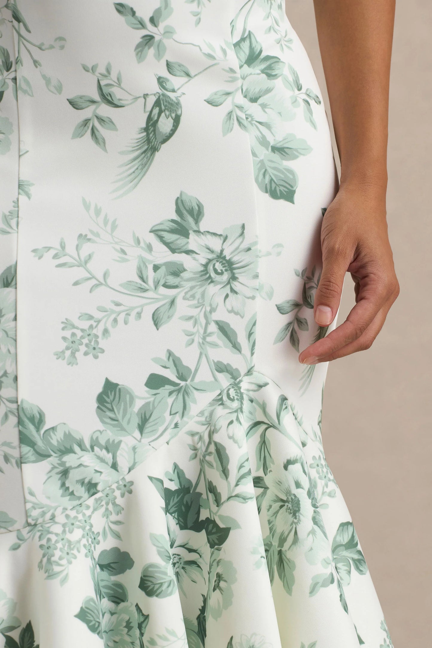 Priceless Green Porcelain Print Print High-Neck Fishtail Midi Dress
