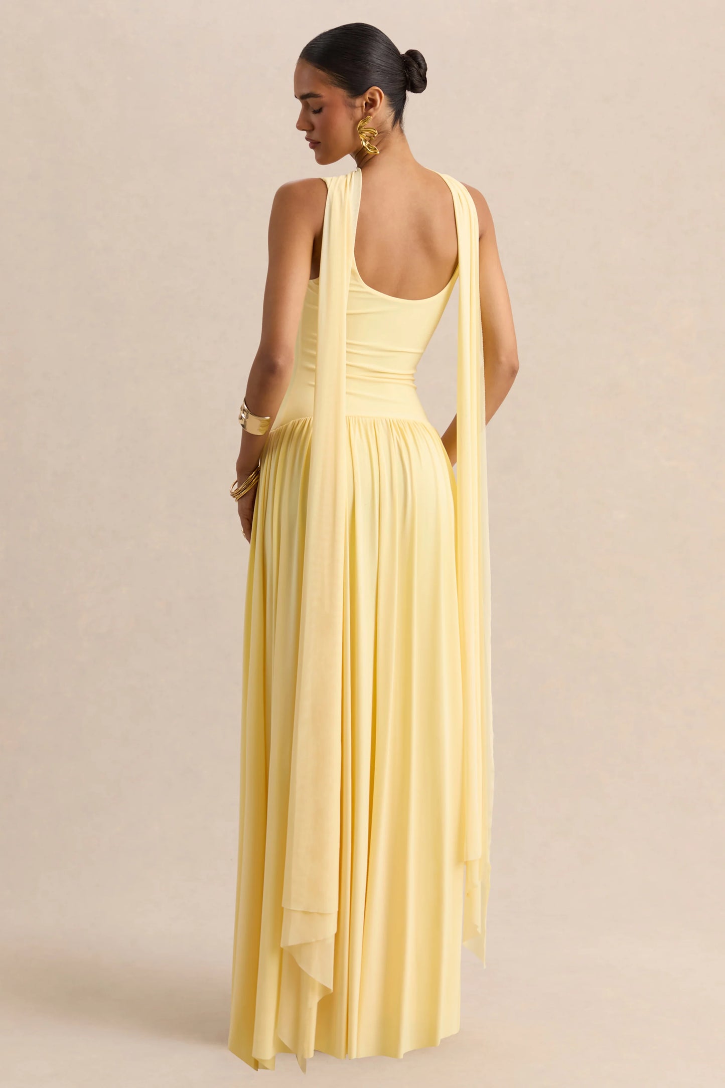 Aurina Lemon Square-Neck Maxi Dress With Scarf-Detail