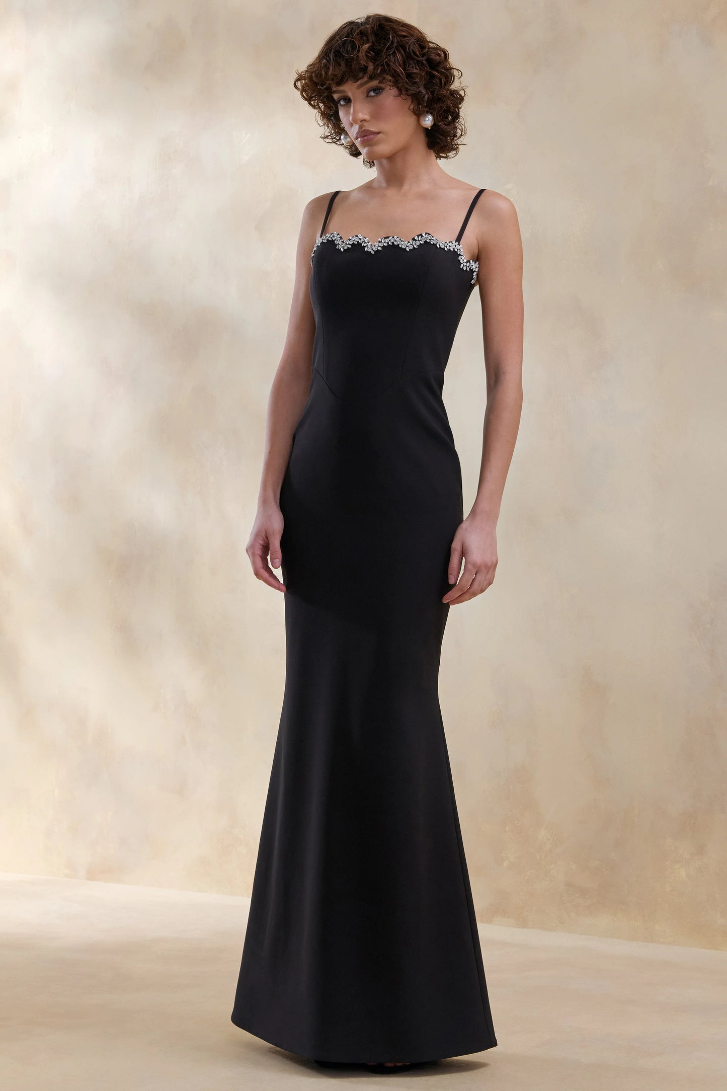 Story Black Scalloped Sweetheart-Neck Maxi Dress With Embellished-Detailing