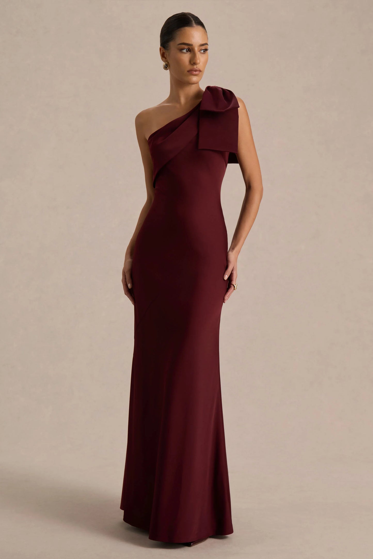 Josephine Burgundy Matte Satin Asymmetric-Neck Maxi Dress With Bow Detail