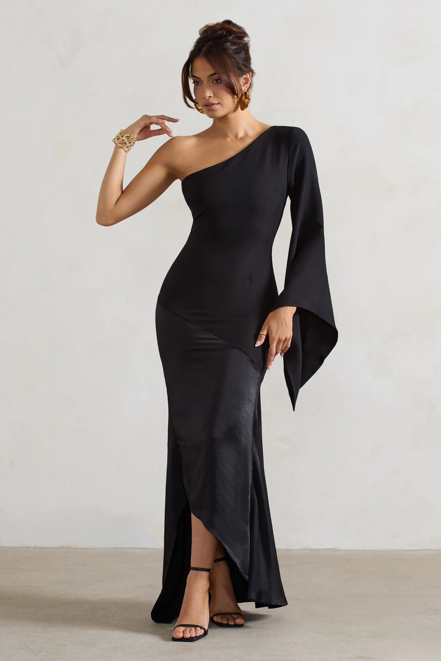 Salem Black Asymmetric Cape-Sleeve Maxi Dress With Satin Skirt