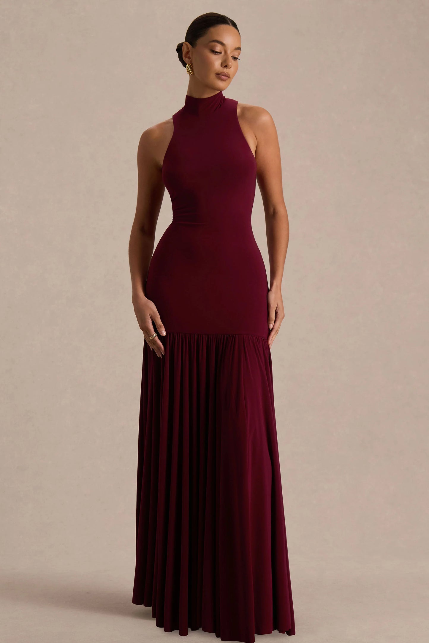 Tasmin Burgundy High-Neck Maxi Dress With Drop-Waist