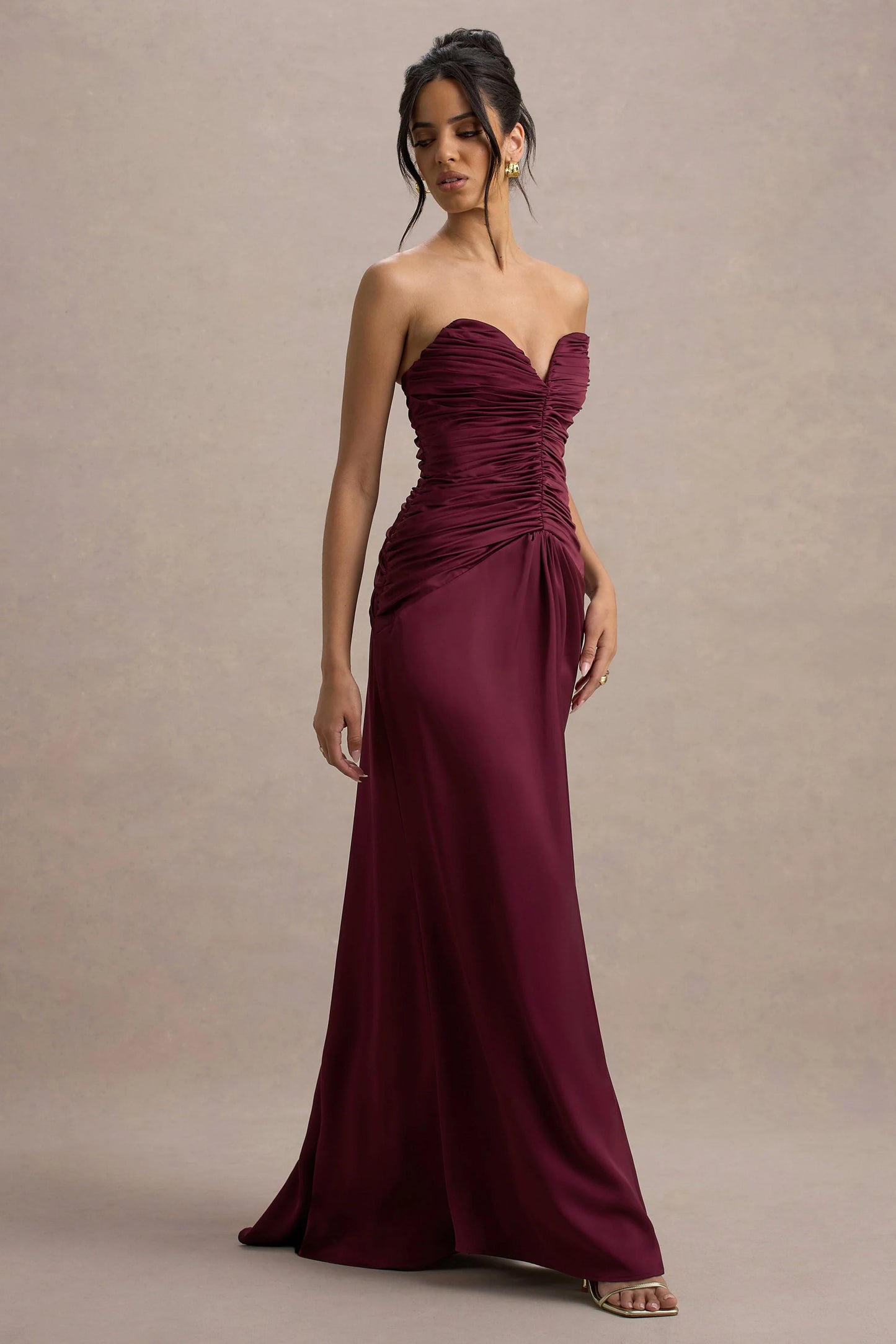 Desirie Plum Satin Sweetheart Gathered Maxi Dress
