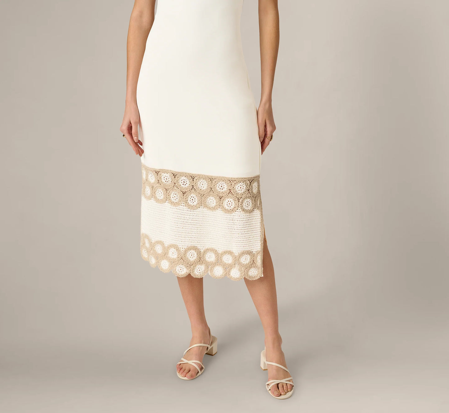 Crochet Trimmed Sheath Midi Dress With Tank Straps In Ivory
