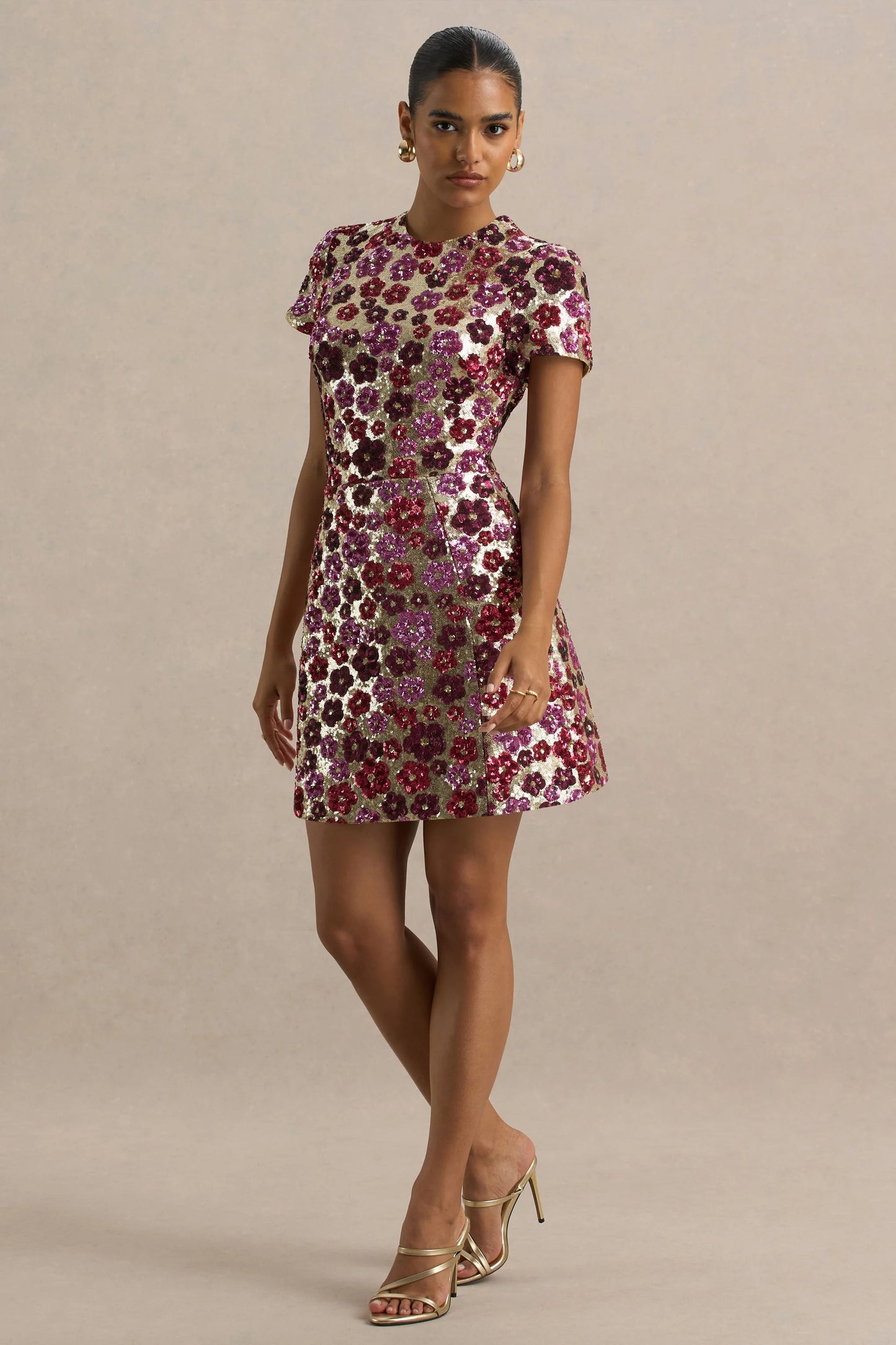 Eira Pink Floral Embellished Sequin Crew-Neck Mini Dress