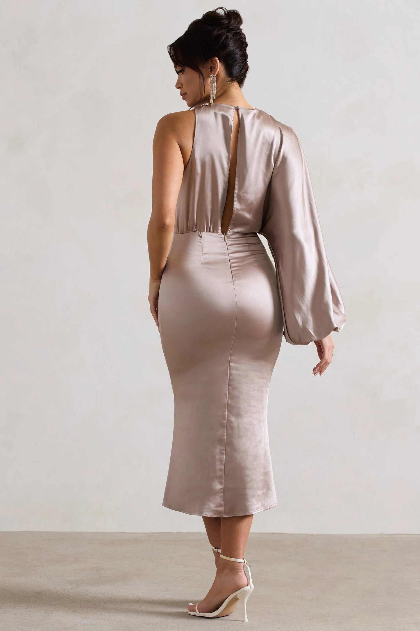 Nola Taupe Satin One-Sleeve Midi Dress