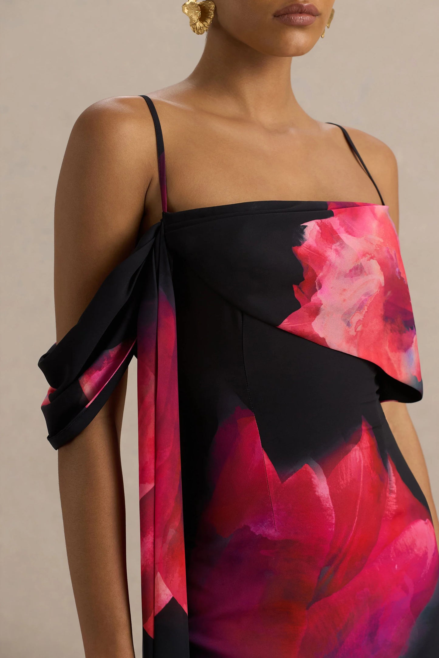 Leonara Black And Pink Floral Print Cowl-Neck Maxi Dress With One-Sleeve