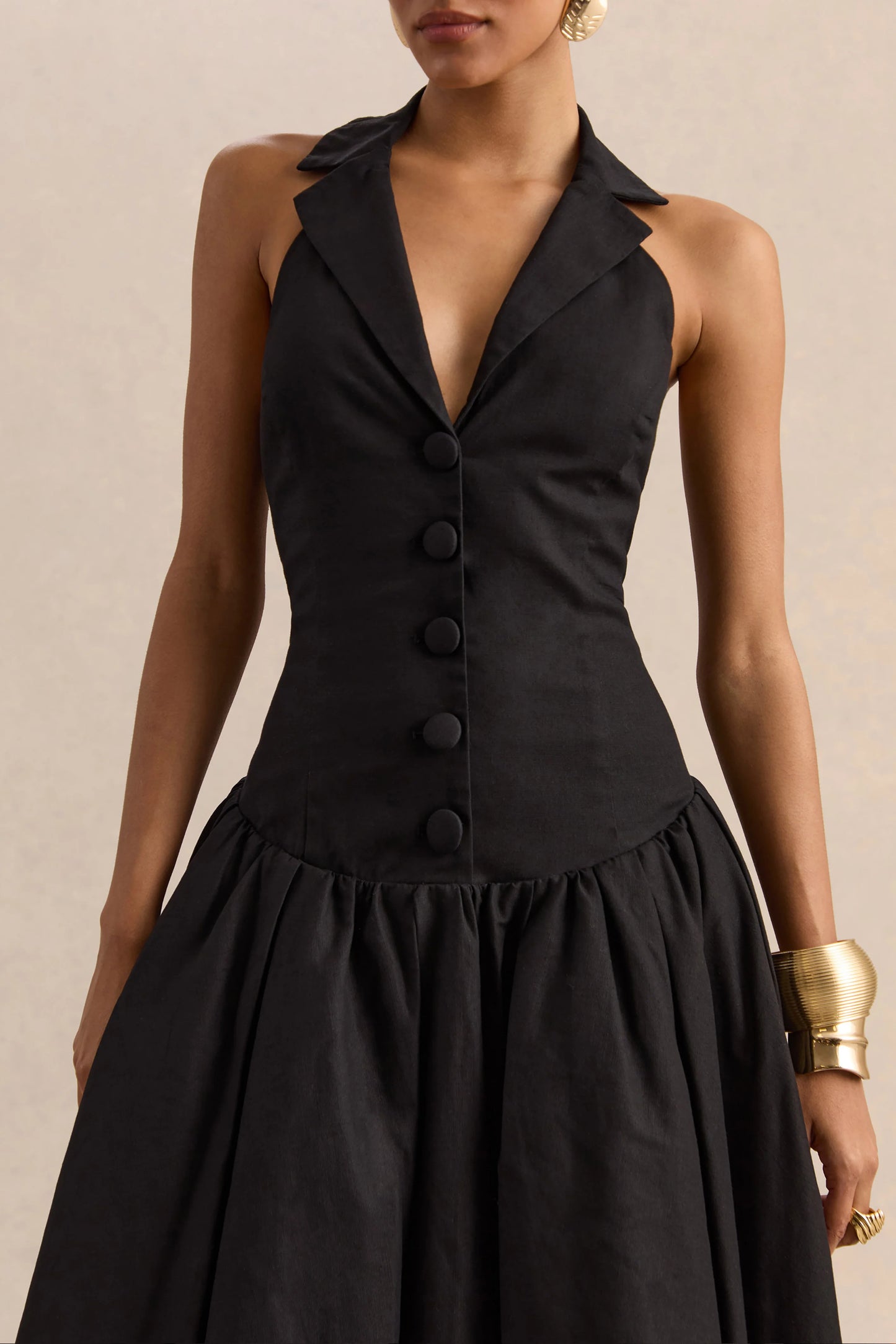 Ella Black Plunge-Neck Midi Dress With Drop-Waist