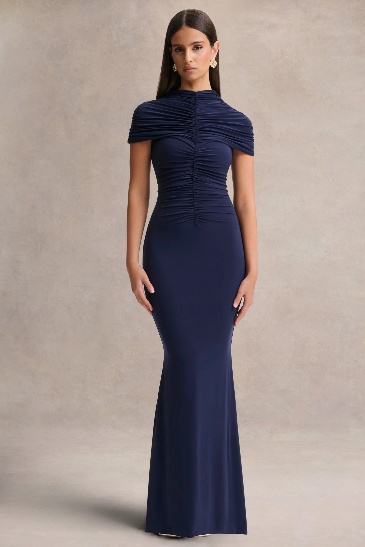 Azaria Navy High-Neck Maxi Dress With Ruched Detailing