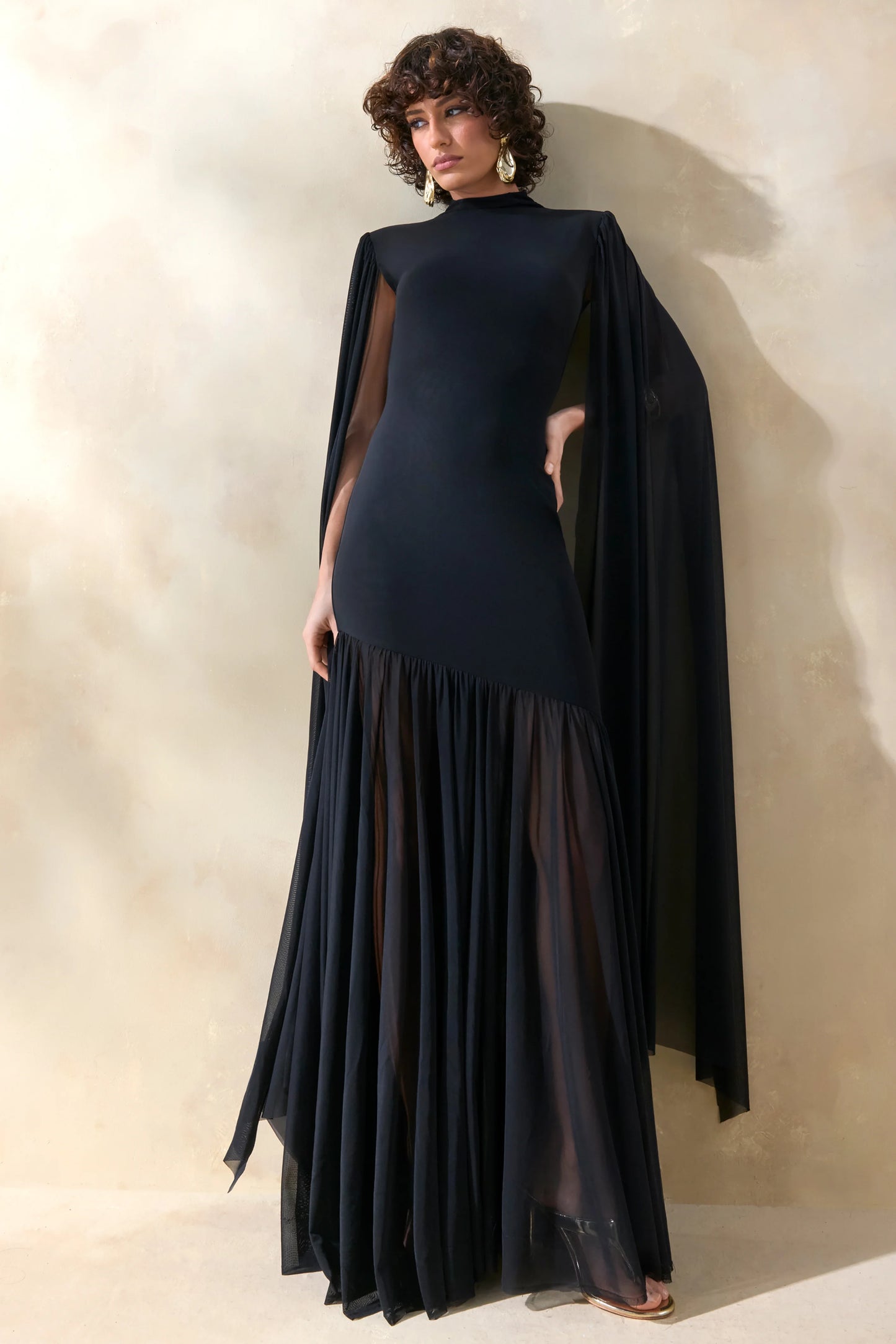 Chantelle Black High-Neck Maxi Dress With Drop-Waist And Cape-Sleeves