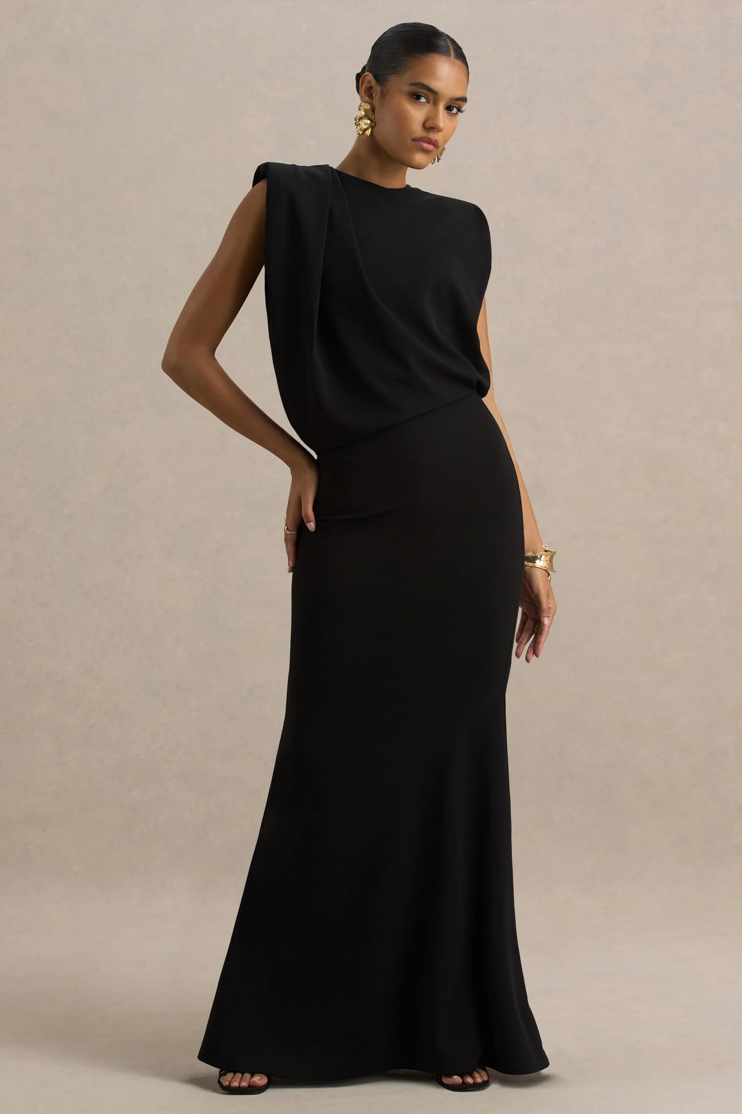 Meave Black Boat-Neck Maxi Dress With Draped Detail