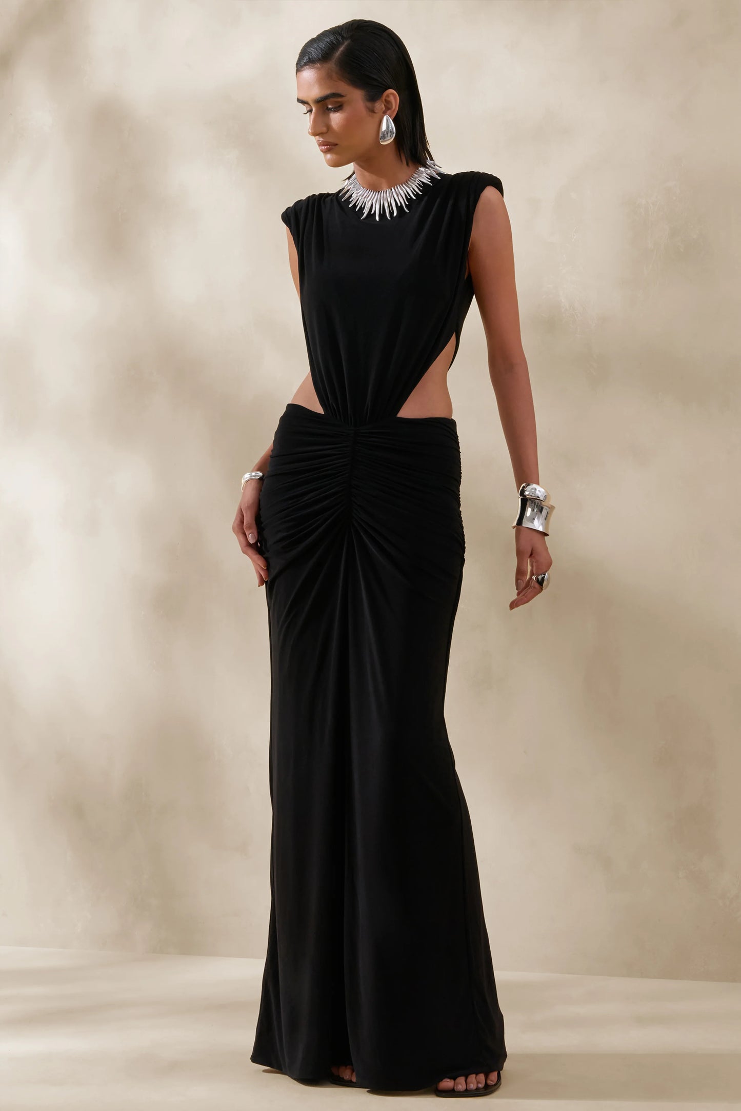 Imelda Black Boat-Neck Maxi Dress With Body Cut-Out Details