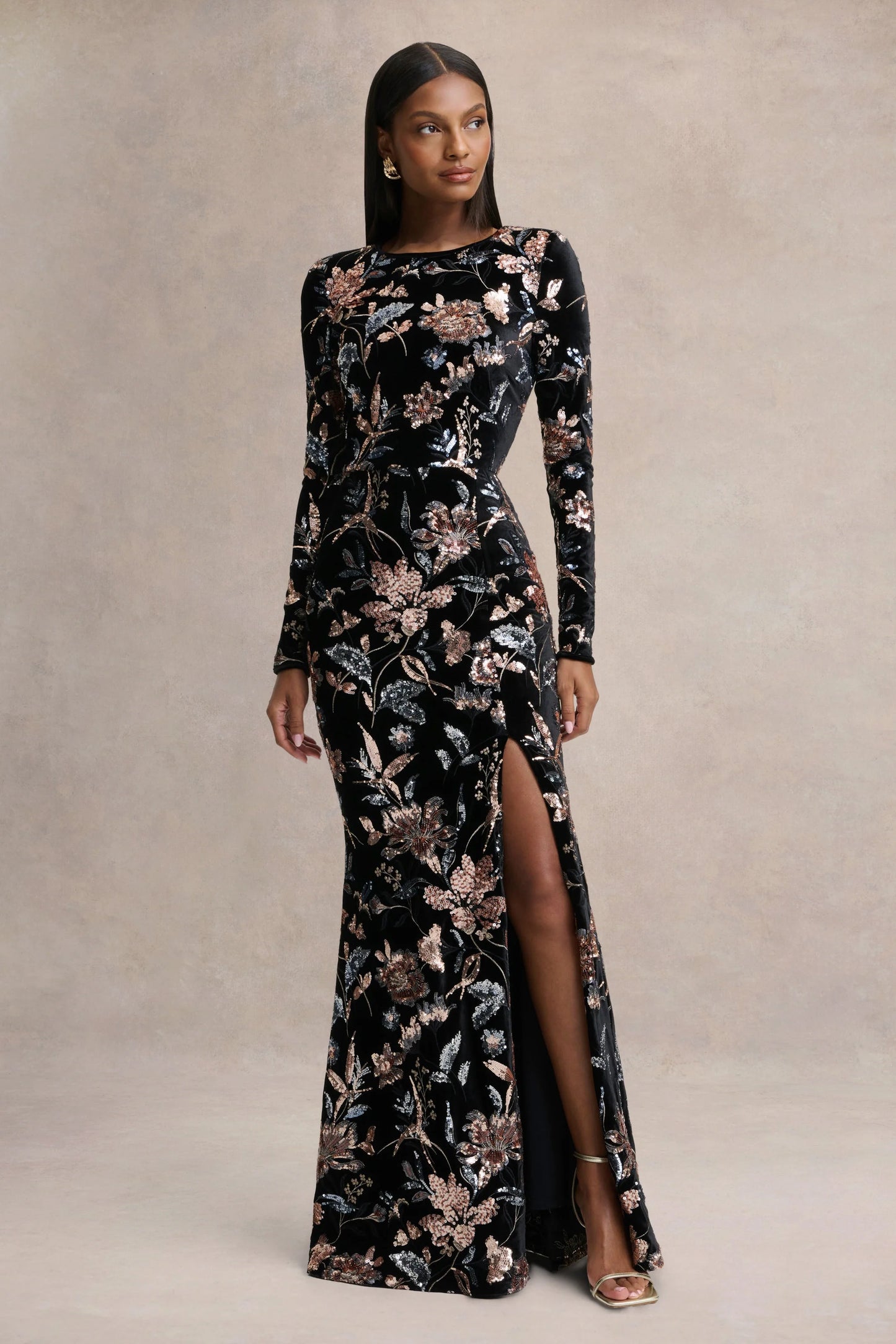 Lyric Black Floral Velvet And Sequin Embellished Crew-Neck Maxi Dress