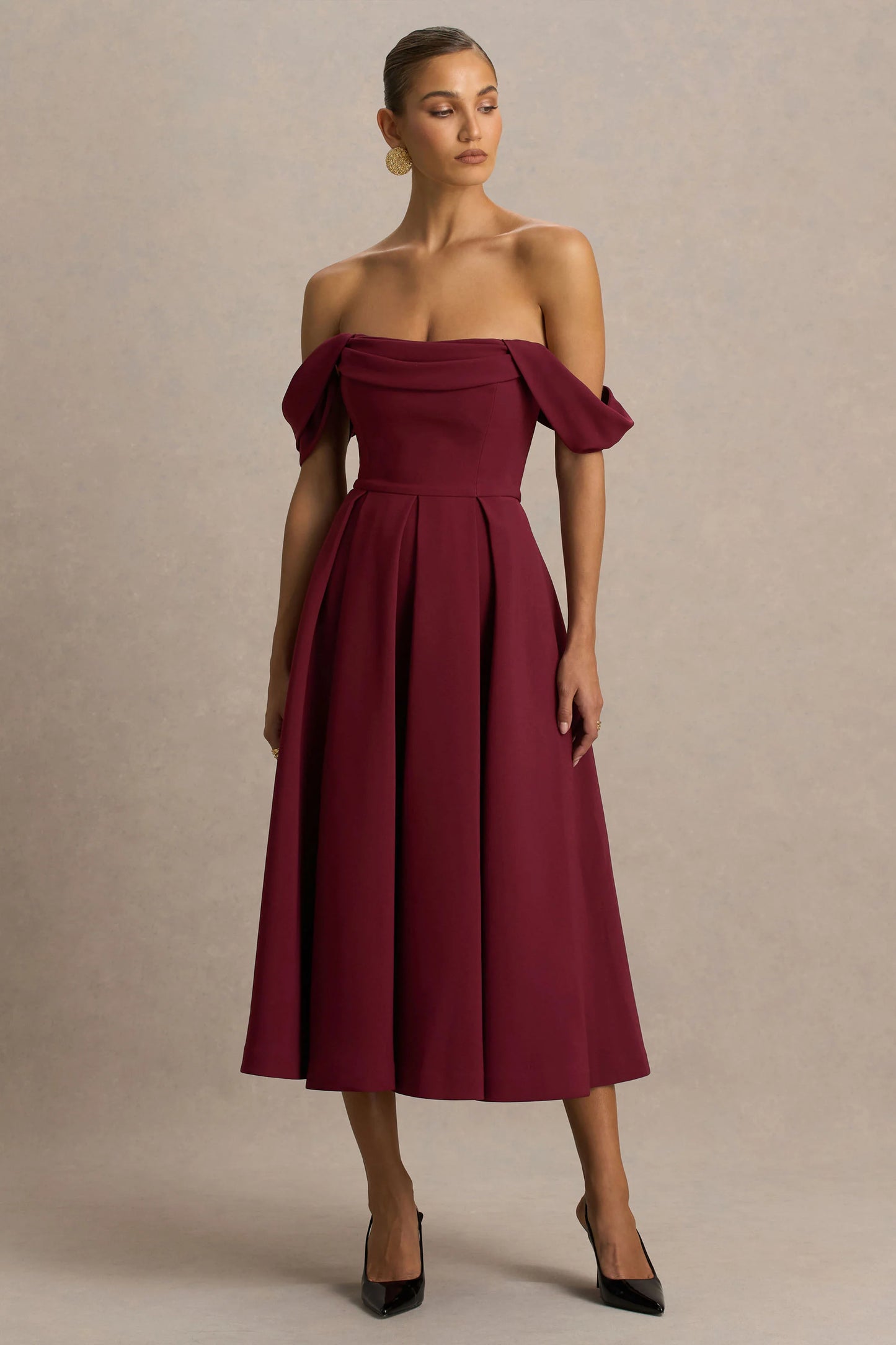 Cosima Burgundy Bardot-Neck Midi Dress