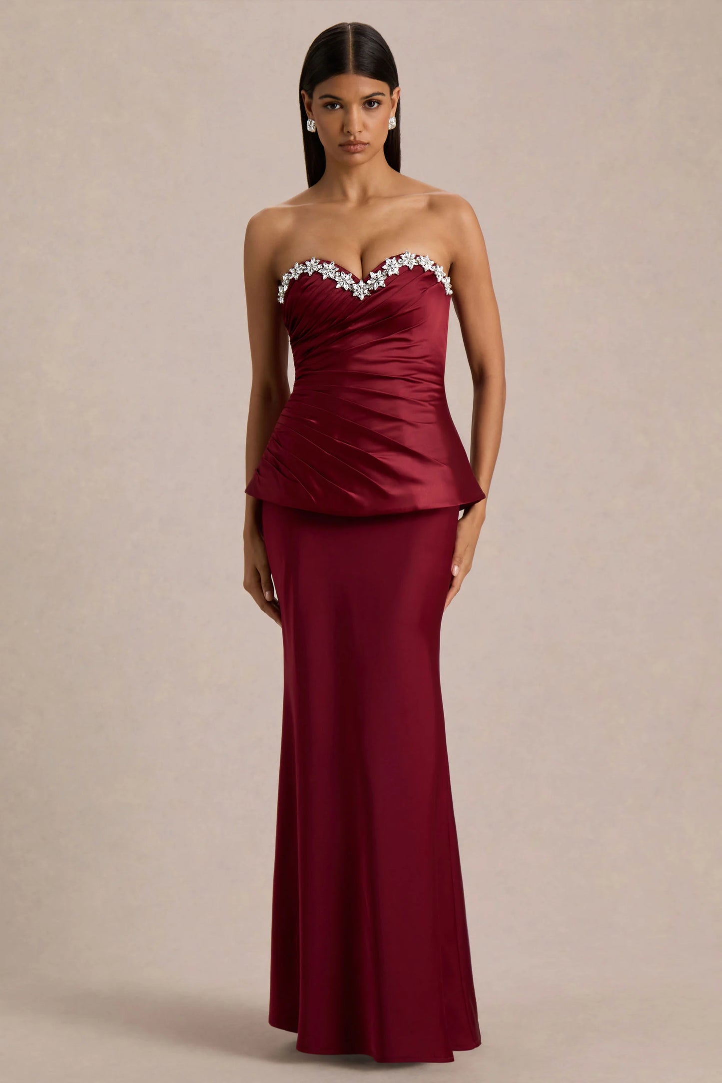 Milia Burgundy Satin Hand-Embellished Strapless Corset Maxi Dress
